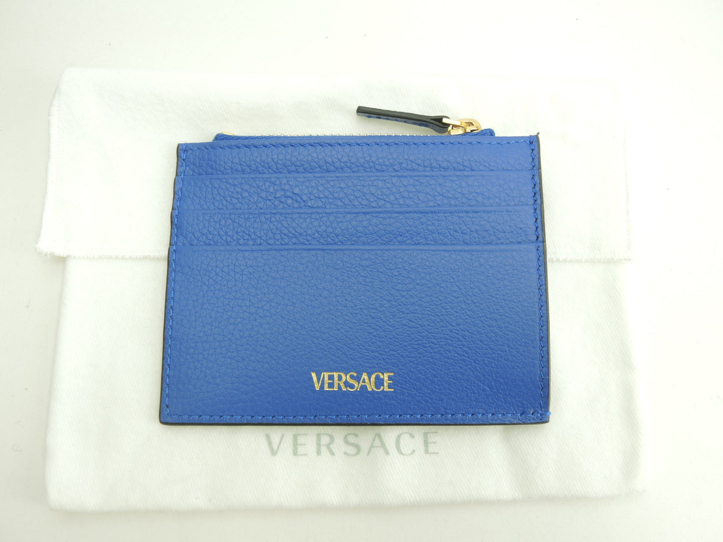 Versace Portamonete con scomparti per carte V Logo in pelle blu, porta carte di credito, nuovo @ 3