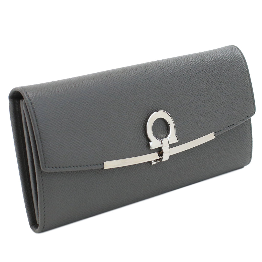 フェラガモ FERRAGAMO GANCINO CLIP 長財布ニ折小銭入付き　ブランド22-D150 0762989　DARK GREY　ガンチーノクリップグレー系　wallet-01