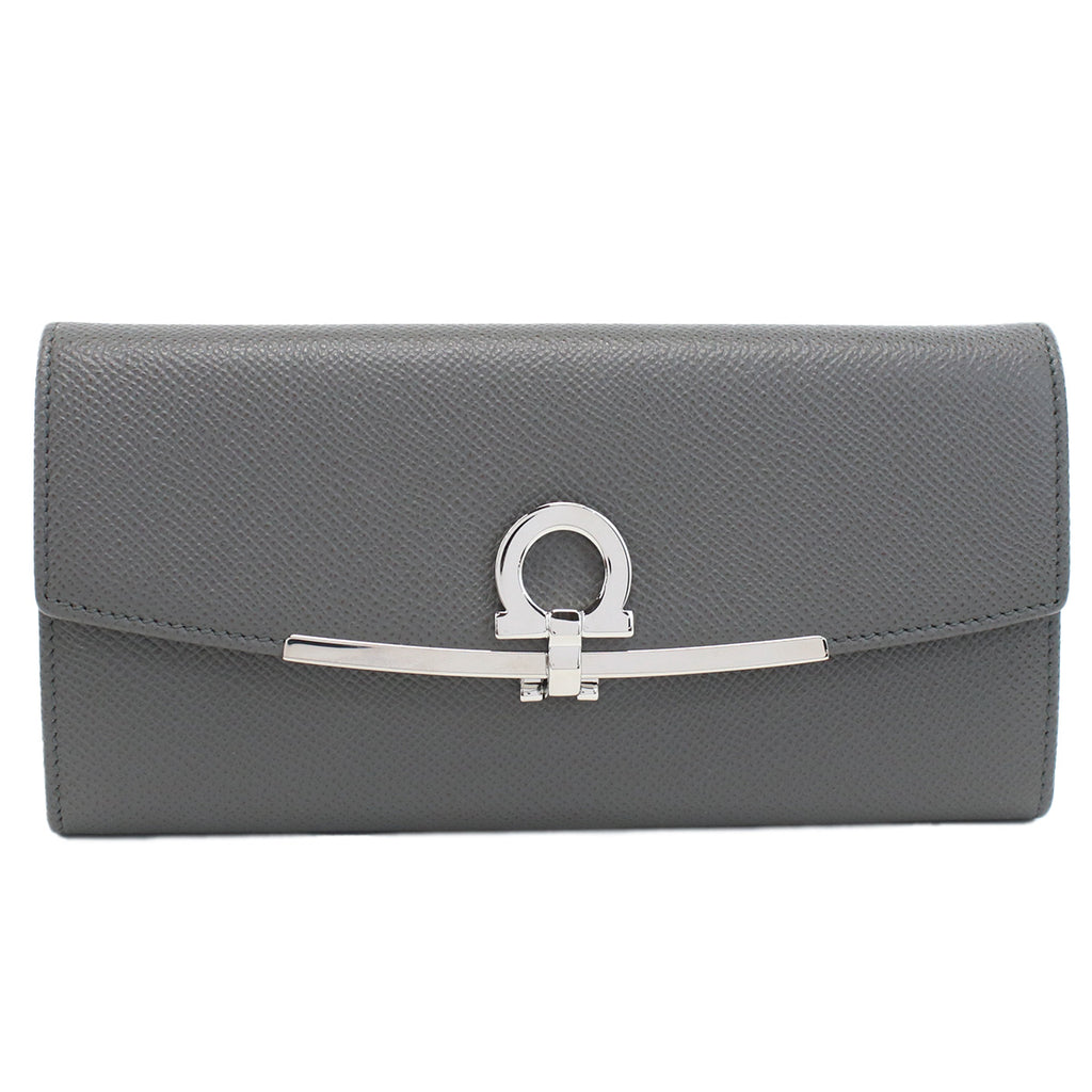 フェラガモ FERRAGAMO GANCINO CLIP 長財布ニ折小銭入付き　ブランド22-D150 0762989　DARK GREY　ガンチーノクリップグレー系　wallet-01