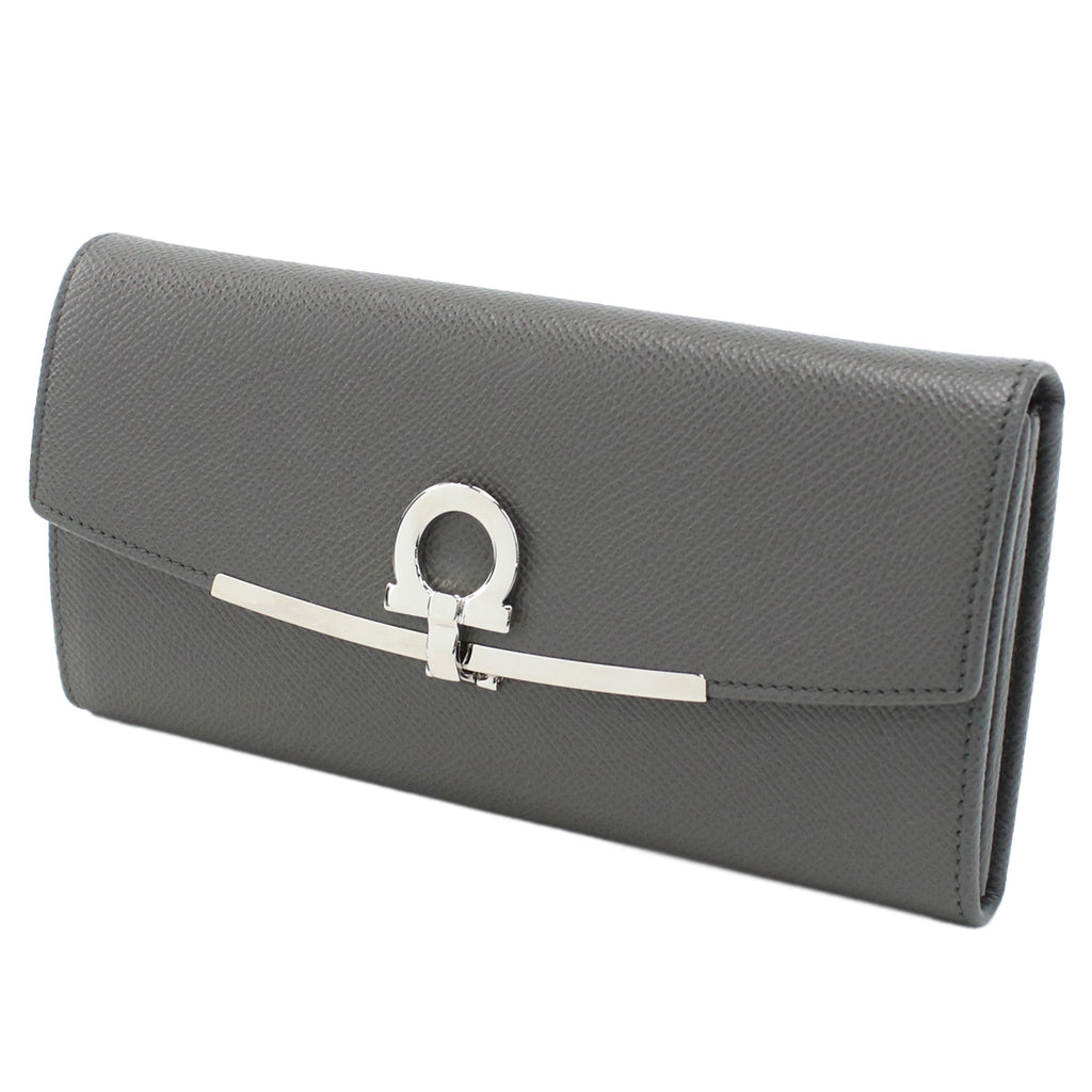 フェラガモ FERRAGAMO GANCINO CLIP 長財布ニ折小銭入付き　ブランド22-D150 0762989　DARK GREY　ガンチーノクリップグレー系　wallet-01