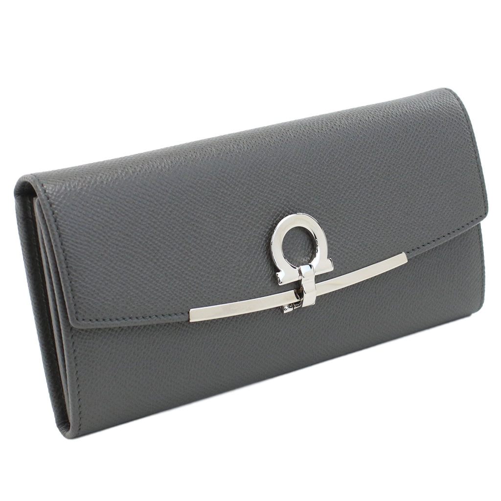 フェラガモ FERRAGAMO GANCINO CLIP 長財布ニ折小銭入付き　ブランド22-D150 0762989　DARK GREY　ガンチーノクリップグレー系　wallet-01