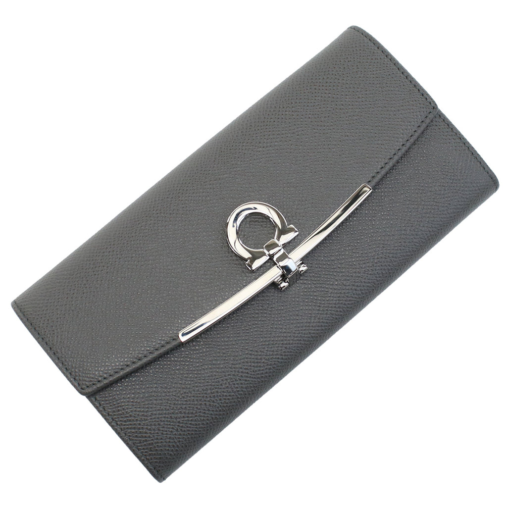 フェラガモ FERRAGAMO GANCINO CLIP 長財布ニ折小銭入付き　ブランド22-D150 0762989　DARK GREY　ガンチーノクリップグレー系　wallet-01