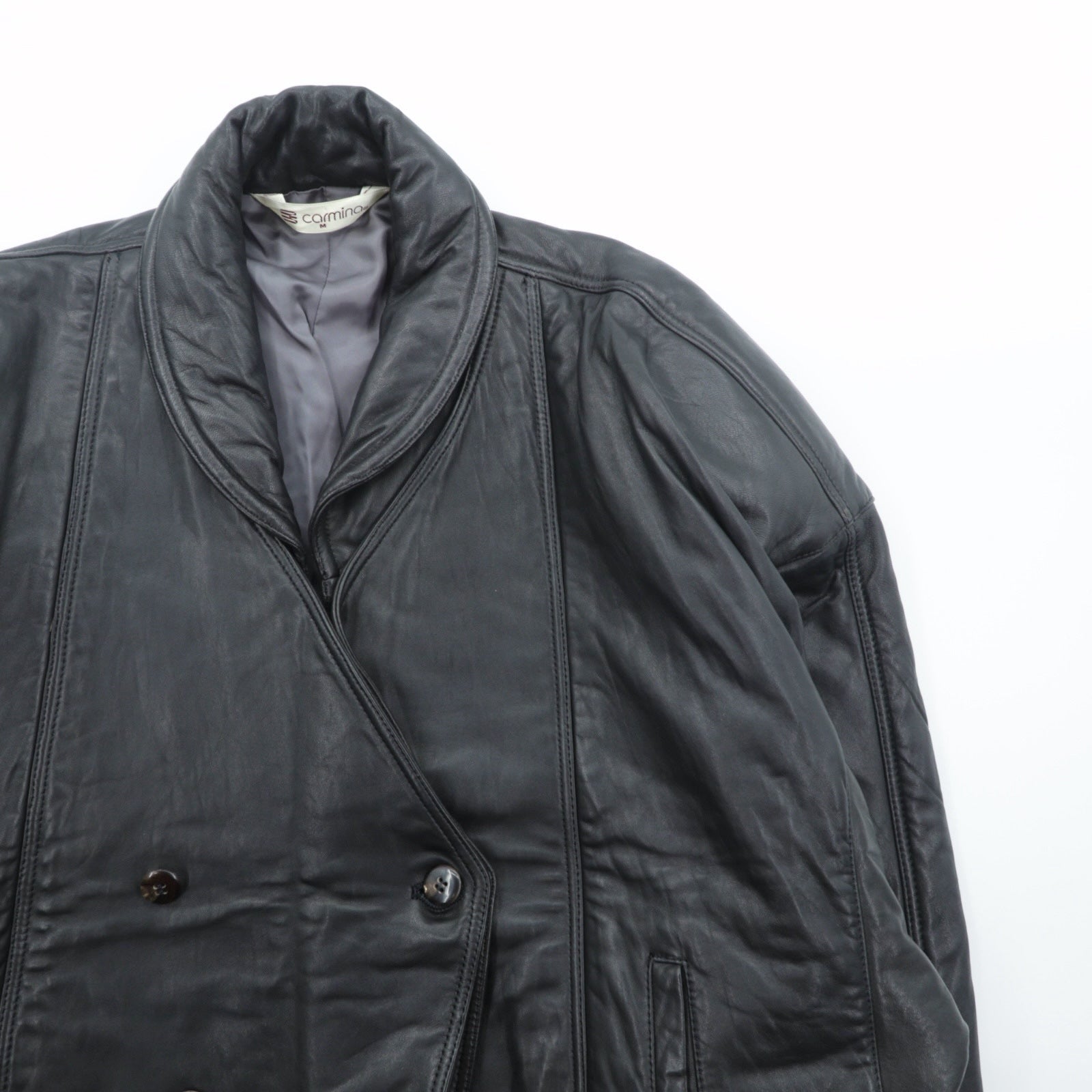 Carmina 90s Vintage Leather Jacket ダブルブレスト ショールカラー ブルゾン M ブラック シープレザー