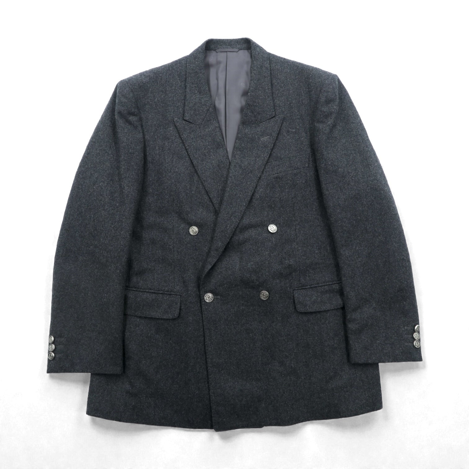 Christian Dior 80年代 日本製 ヴィンテージ ピークドラペル ダブルブレスト ブレザー テーラードジャケット ブレザー XL グレー ウール メタルボタン