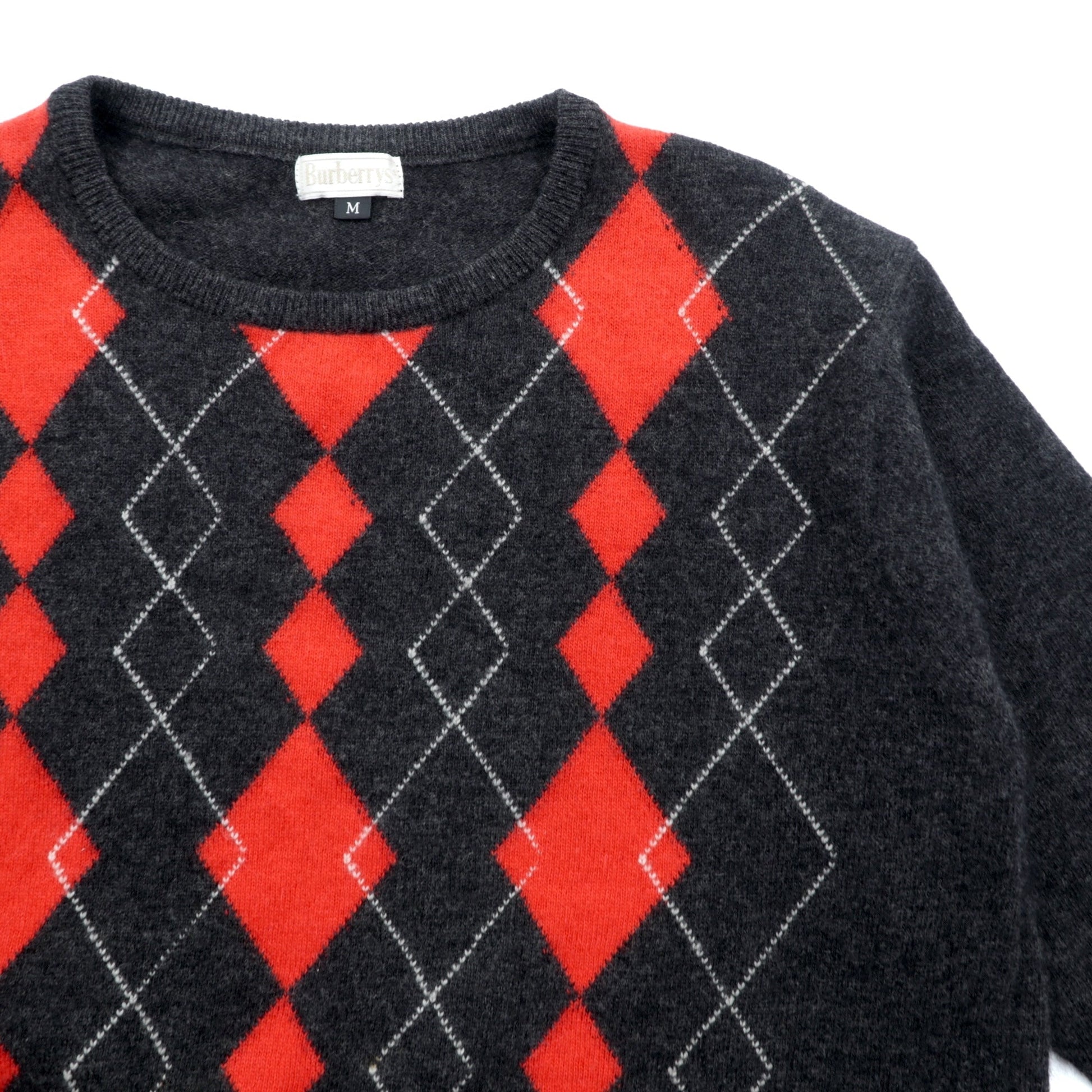BURBERRY 90年代 アーガイル柄 クルーネック ニット セーター M グレー アンゴラ ウール