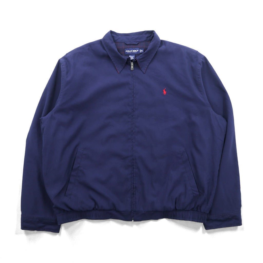 POLO GOLF RALPH LAUREN 90年代 ピーチスキン スウィングトップ ハリントンジャケット XL ネイビー 裏地チェック スモールポニー刺繍 チンストラップ