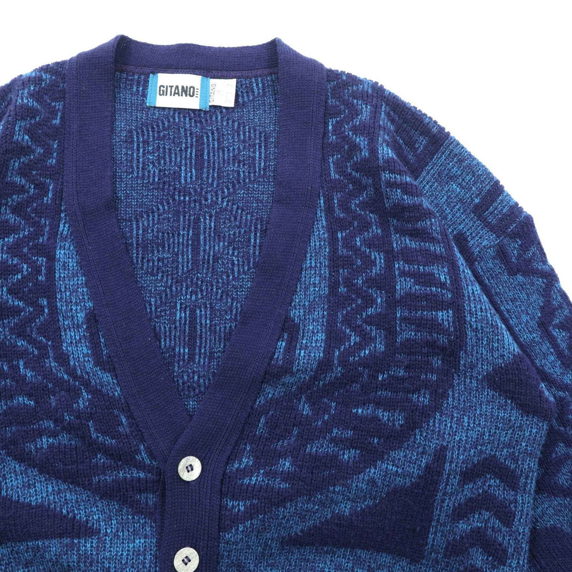 90s USA Vintage Jacquard Knit GITANO 幾何学柄 ニット カーディガン XL ネイビー アクリル 90年代 USA製