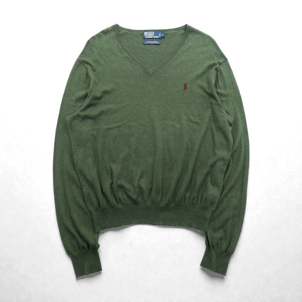 Polo Ralph Lauren 90年代 Vネック ピマコットン ニット セーター L カーキ スモールポニー刺繍