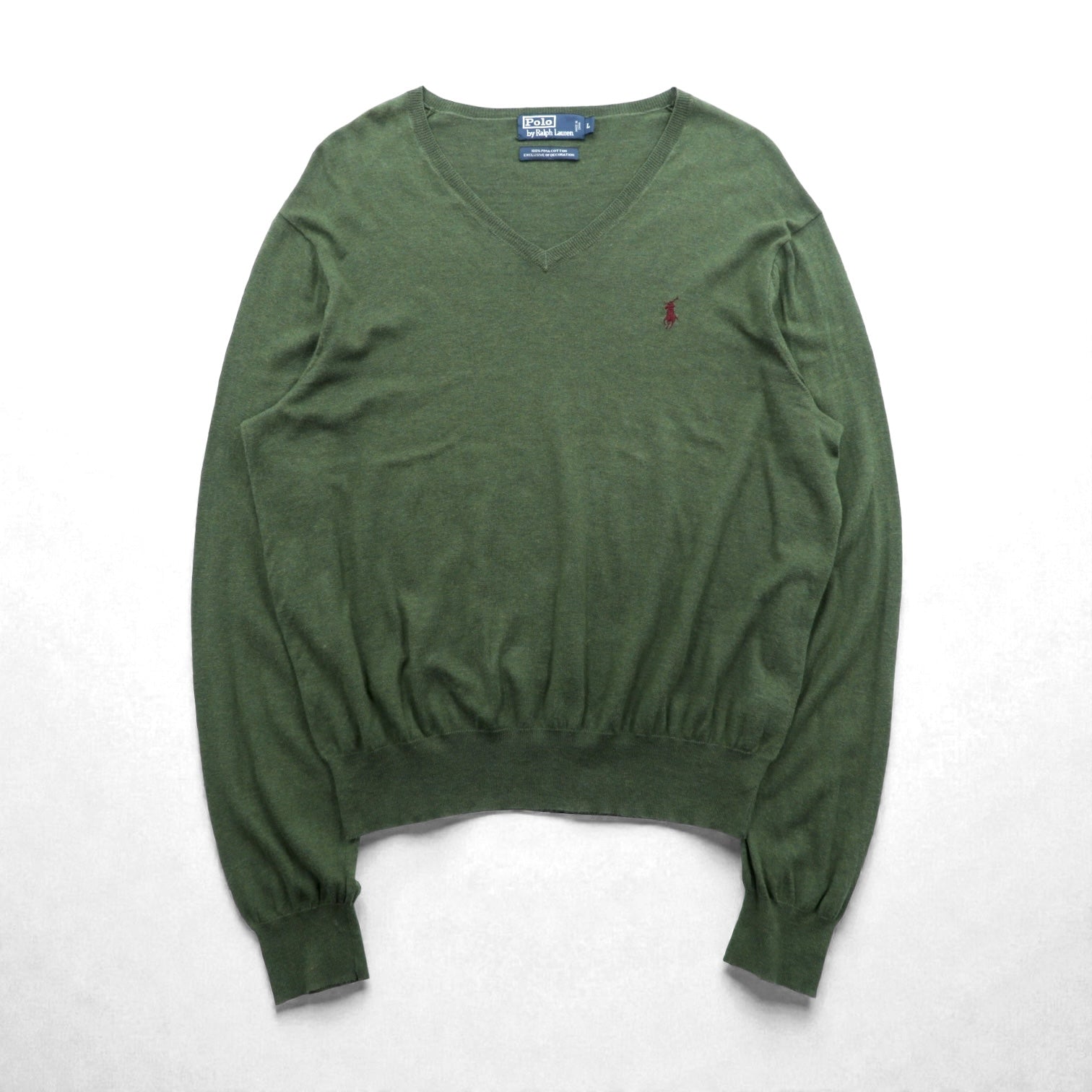 Polo Ralph Lauren 90年代 Vネック ピマコットン ニット セーター L カーキ スモールポニー刺繍