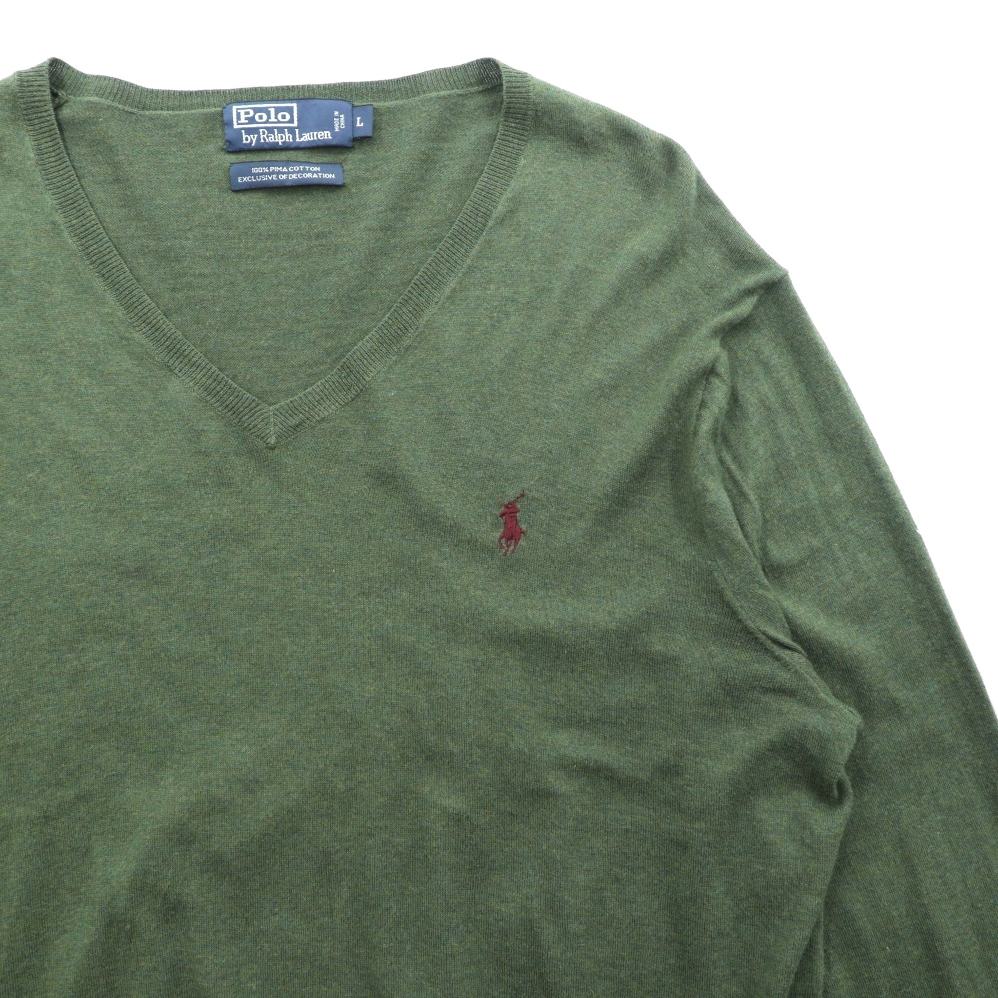 Polo Ralph Lauren 90年代 Vネック ピマコットン ニット セーター L カーキ スモールポニー刺繍