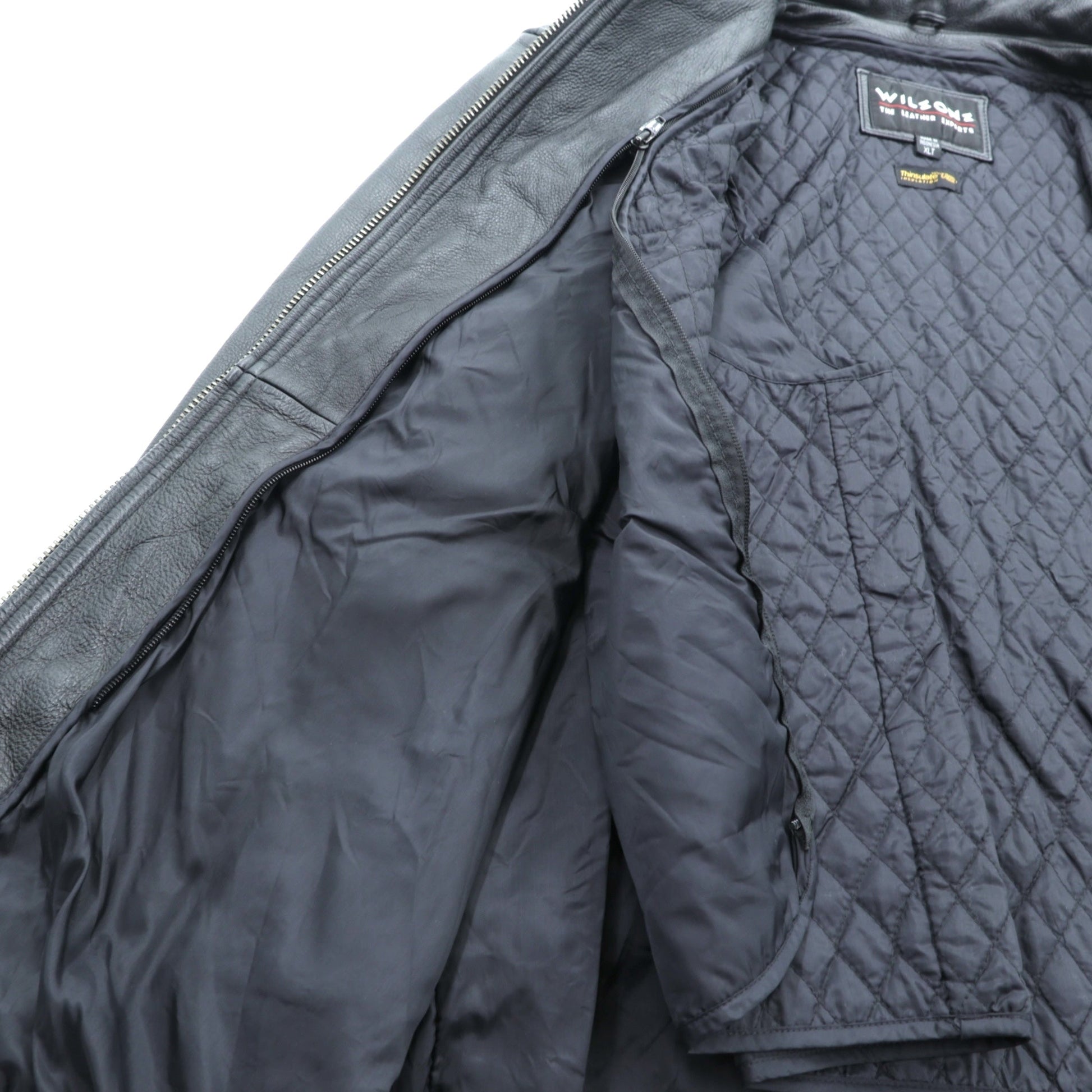 WILSONS 90年代 レザージャケット 中綿 Thinsulate Ultra ライダース XL ブラック 襟付き キルティングライナー 着脱式 ジップアップ