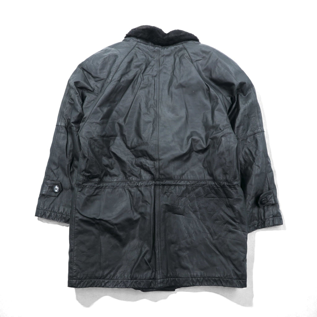 Vintage Black Leather Fur Coat ダブルブレスト レザー カーコート 中綿 XL ショールカラー ファー キルティングライナー ドローコード ZINIZ HOMME
