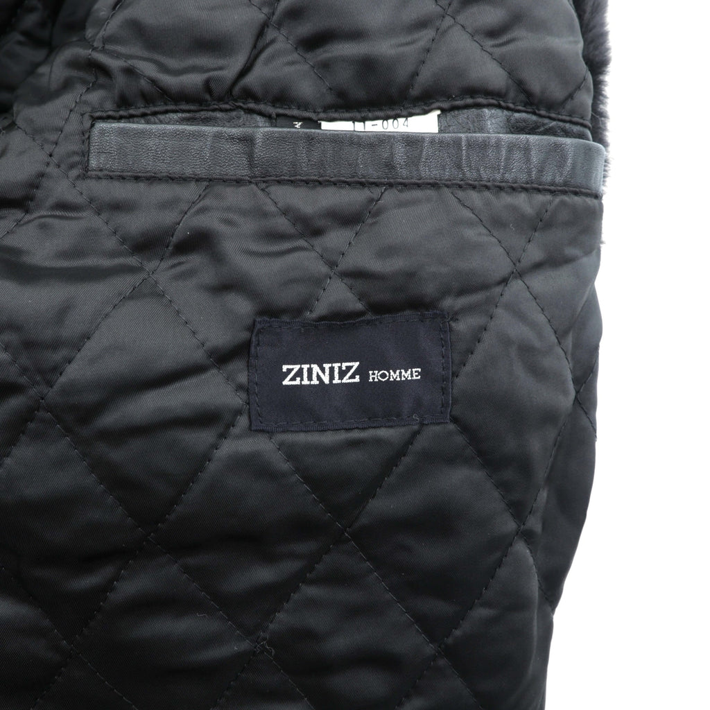 Vintage Black Leather Fur Coat ダブルブレスト レザー カーコート 中綿 XL ショールカラー ファー キルティングライナー ドローコード ZINIZ HOMME