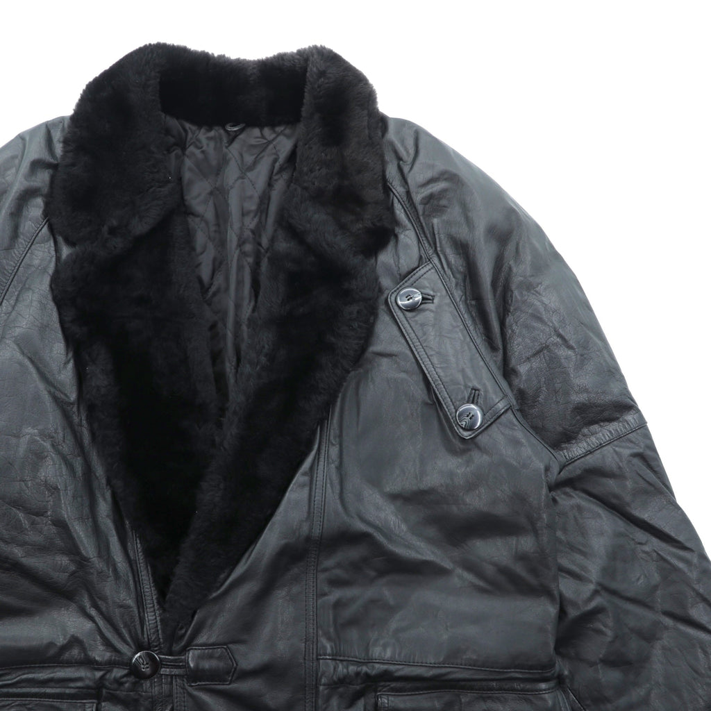 Vintage Black Leather Fur Coat ダブルブレスト レザー カーコート 中綿 XL ショールカラー ファー キルティングライナー ドローコード ZINIZ HOMME