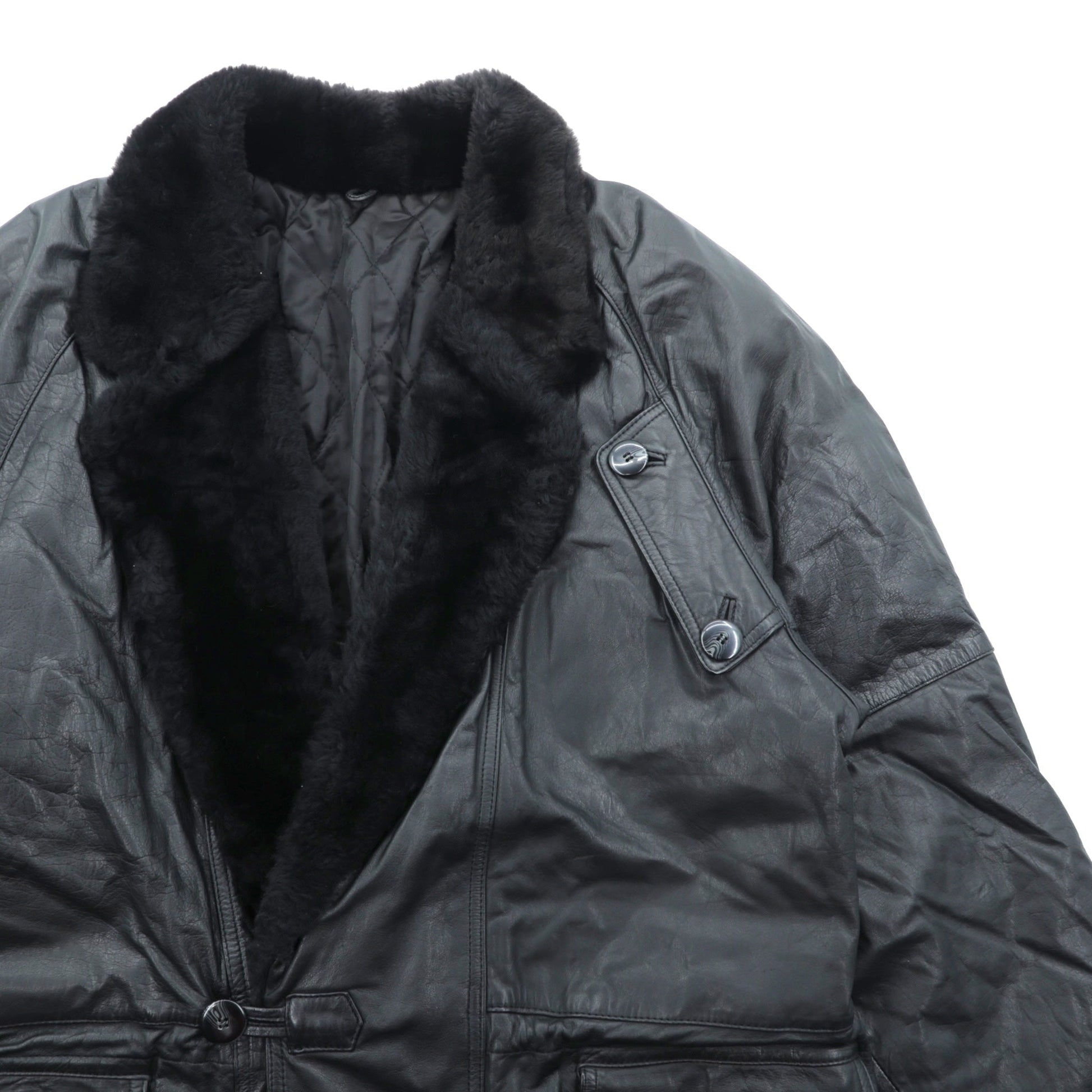 Vintage Black Leather Fur Coat ダブルブレスト レザー カーコート 中綿 XL ショールカラー ファー キルティングライナー ドローコード ZINIZ HOMME