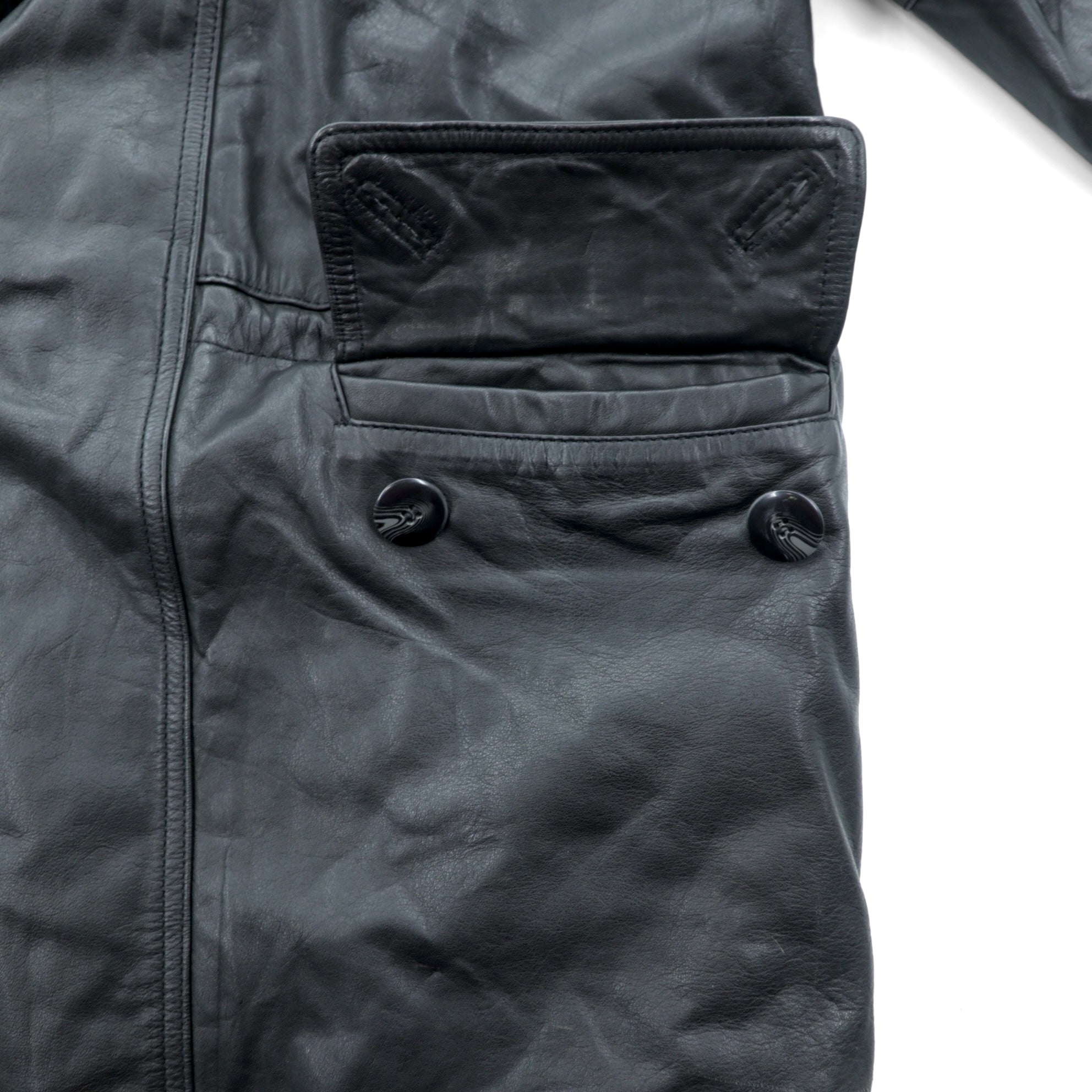 Vintage Black Leather Fur Coat ダブルブレスト レザー カーコート 中綿 XL ショールカラー ファー キルティングライナー ドローコード ZINIZ HOMME