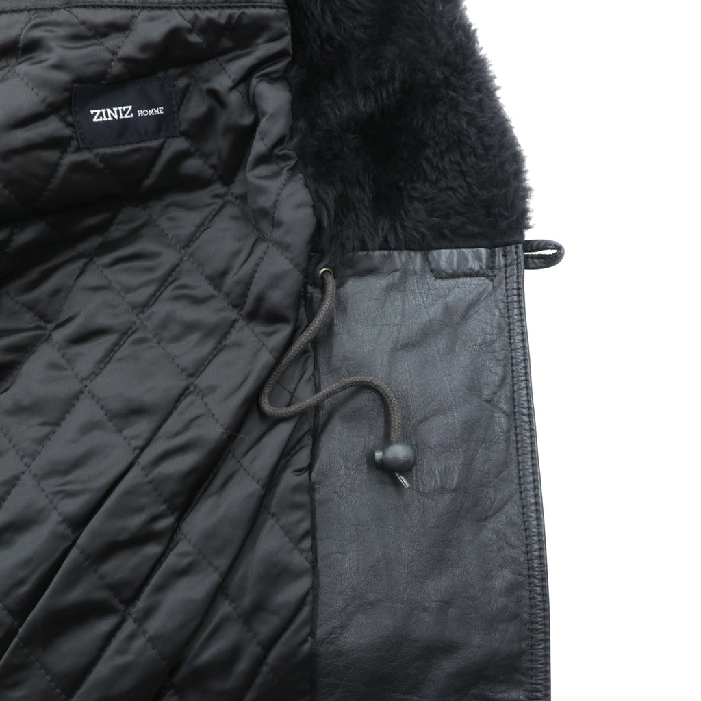 Vintage Black Leather Fur Coat ダブルブレスト レザー カーコート 中綿 XL ショールカラー ファー キルティングライナー ドローコード ZINIZ HOMME