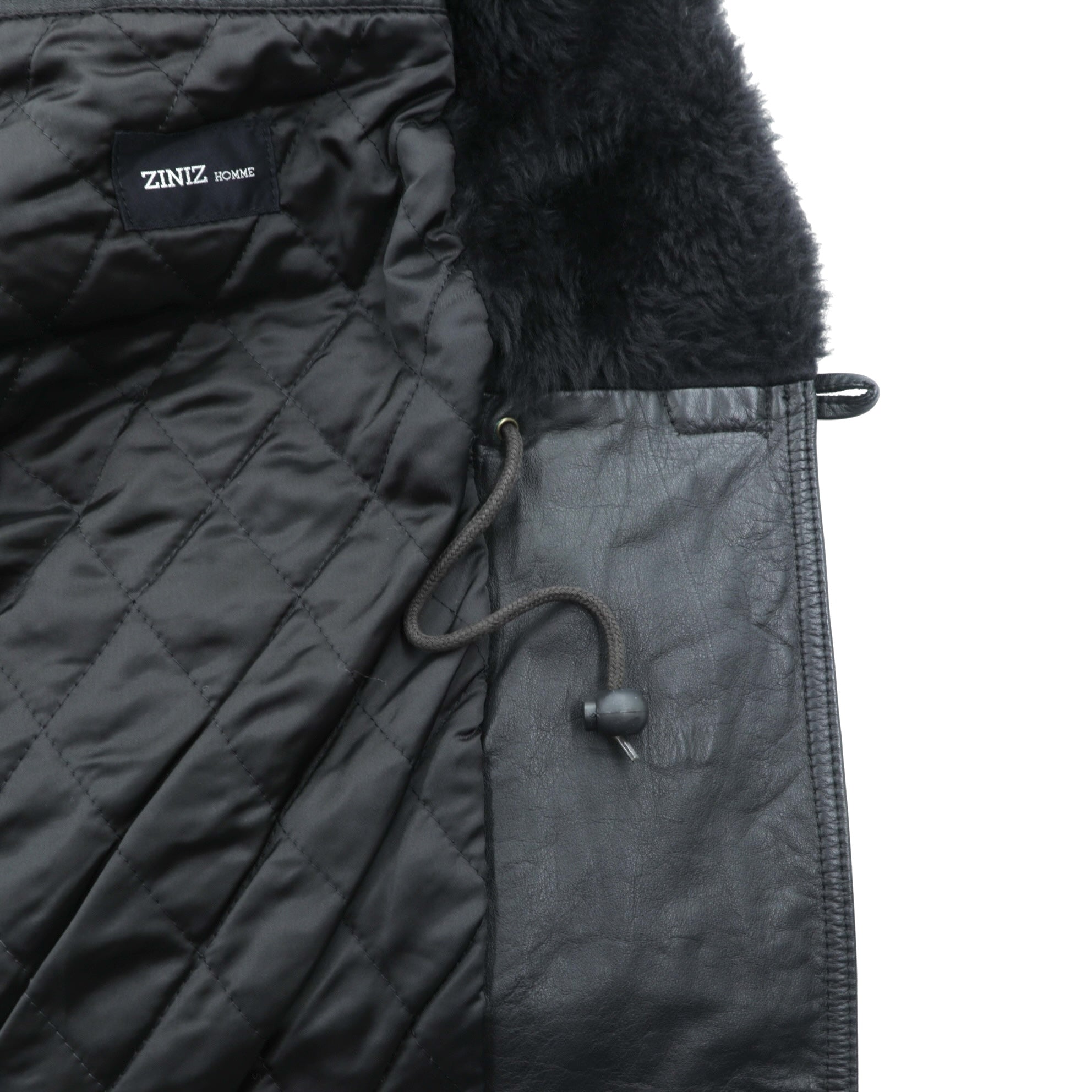 Vintage Black Leather Fur Coat ダブルブレスト レザー カーコート 中綿 XL ショールカラー ファー キルティングライナー ドローコード ZINIZ HOMME
