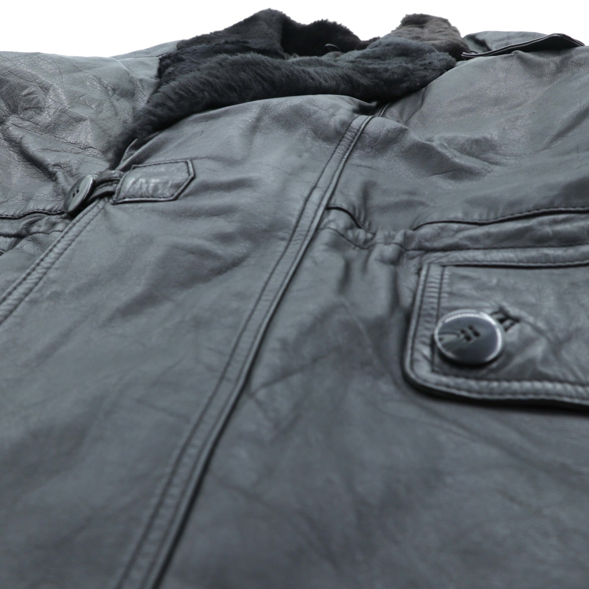 Vintage Black Leather Fur Coat ダブルブレスト レザー カーコート 中綿 XL ショールカラー ファー キルティングライナー ドローコード ZINIZ HOMME