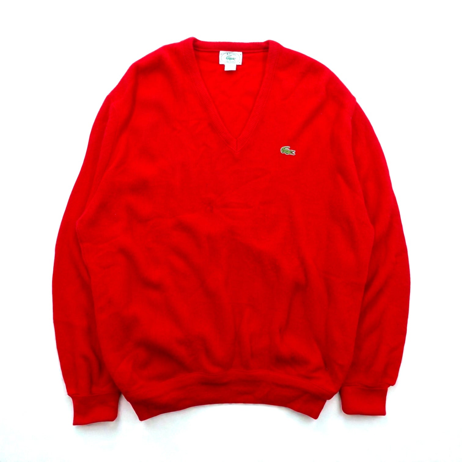 LACOSTE 80年代 USA製 Vネック ニット セーター XL レッド ワンポイントロゴ