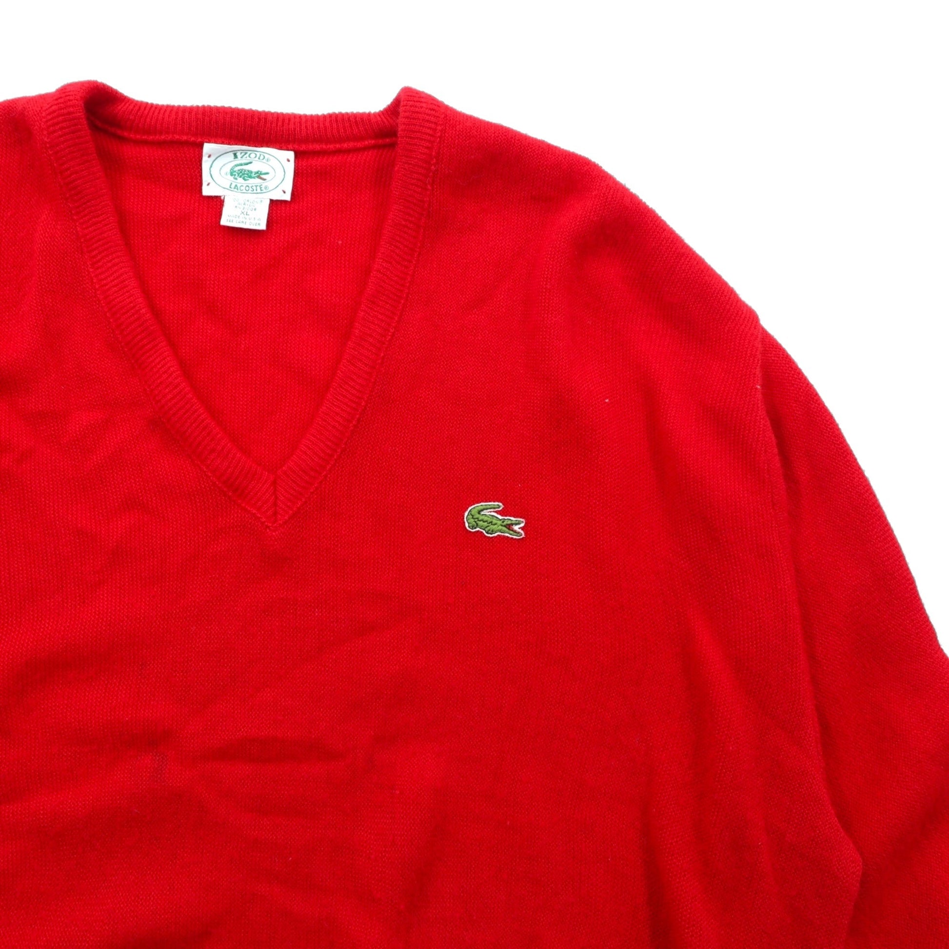 LACOSTE 80年代 USA製 Vネック ニット セーター XL レッド ワンポイントロゴ