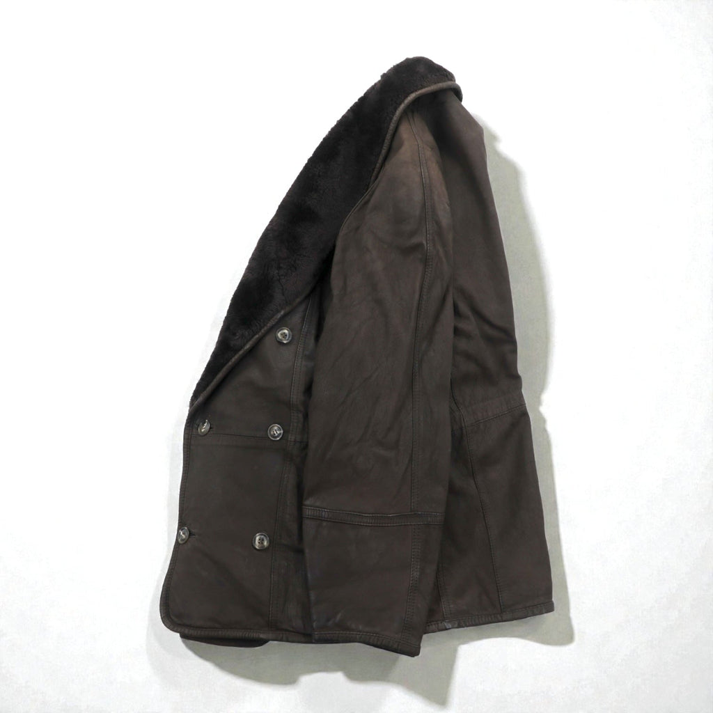 BEAMS 90年代 ショールカラー ダブルブレスト ムートンステンカラーコート M ブラウン レザー キルティング裏地 LEATHER WORKS EXCLUSIVELY BEAMS
