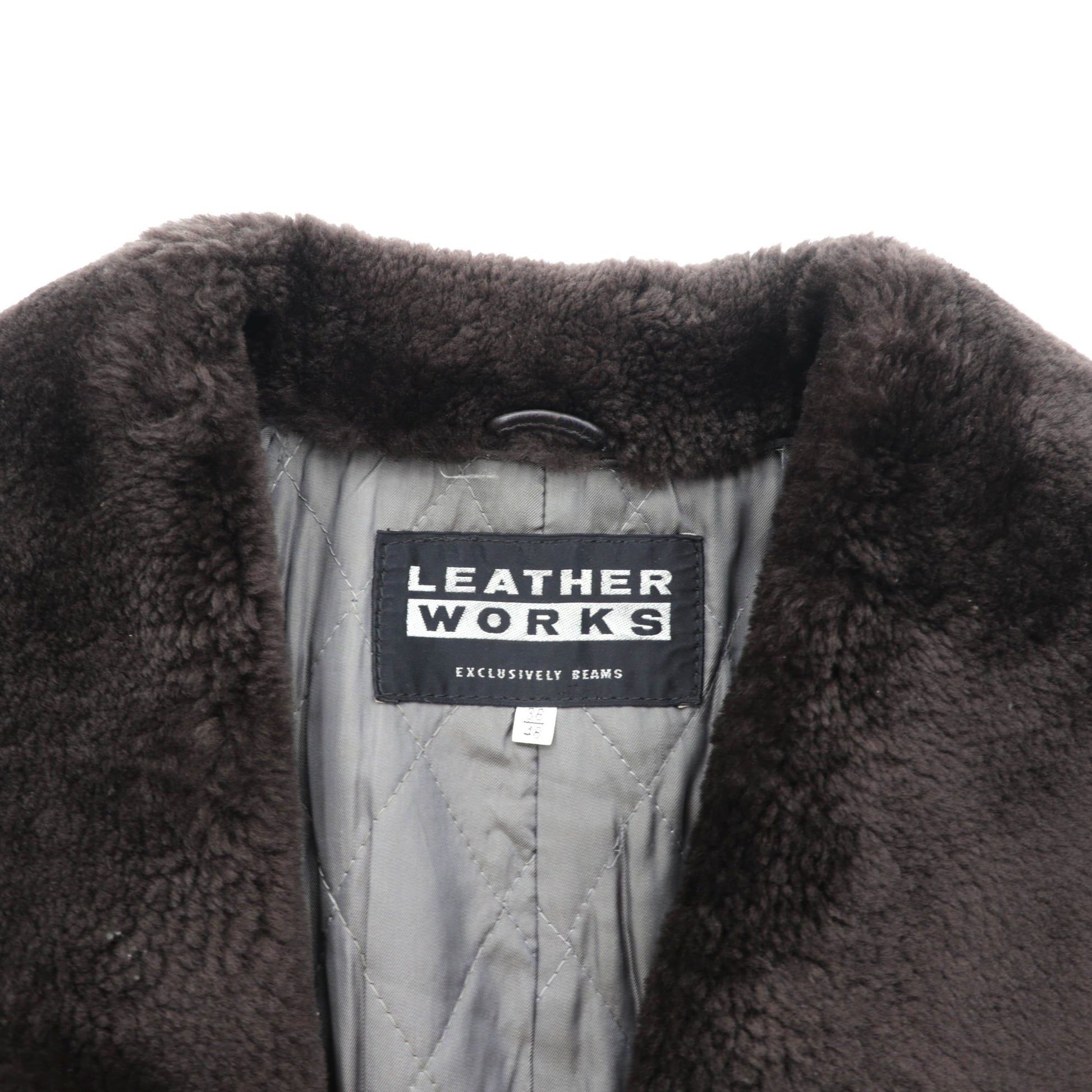 BEAMS 90年代 ショールカラー ダブルブレスト ムートンステンカラーコート M ブラウン レザー キルティング裏地 LEATHER WORKS EXCLUSIVELY BEAMS