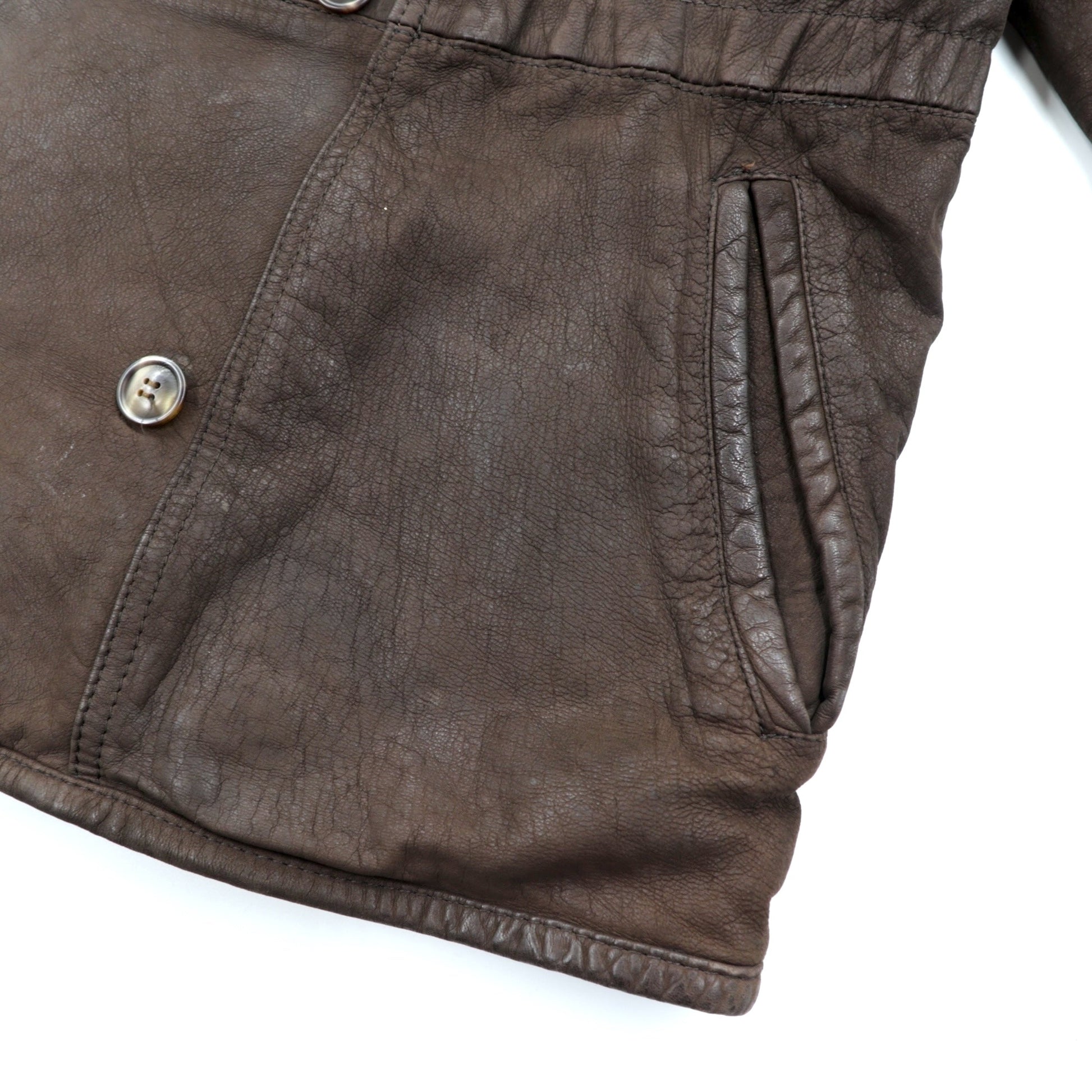 BEAMS 90年代 ショールカラー ダブルブレスト ムートンステンカラーコート M ブラウン レザー キルティング裏地 LEATHER WORKS EXCLUSIVELY BEAMS