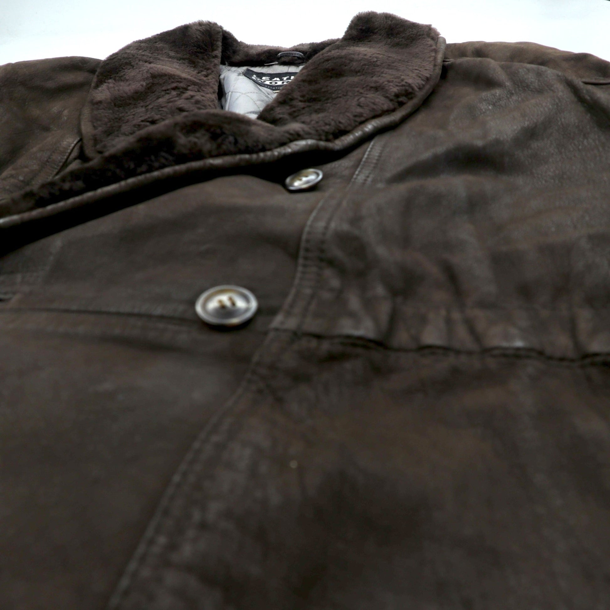 BEAMS 90年代 ショールカラー ダブルブレスト ムートンステンカラーコート M ブラウン レザー キルティング裏地 LEATHER WORKS EXCLUSIVELY BEAMS