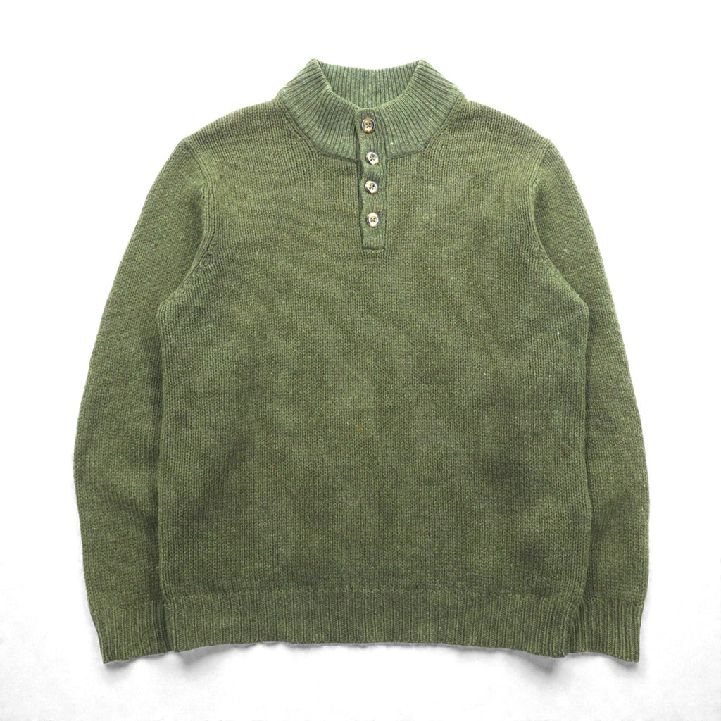 L.L.Bean ヘンリーネック ニット セーター L レザーエルボーパッチ カーキ ウール DBH1