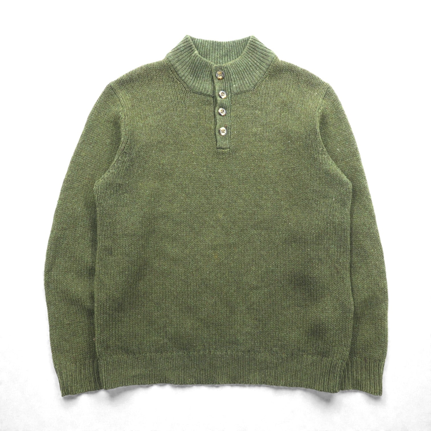 L.L.Bean ヘンリーネック ニット セーター L レザーエルボーパッチ カーキ ウール DBH1