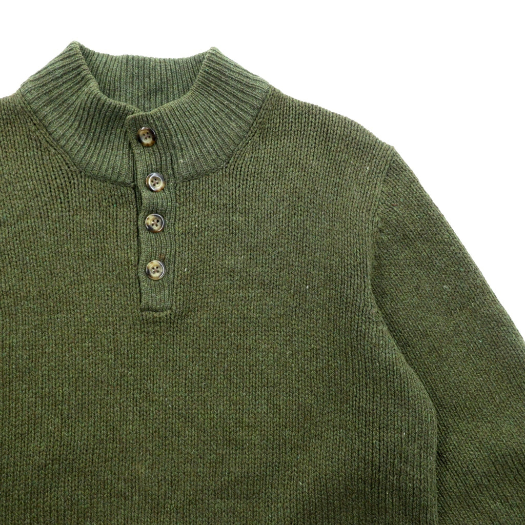 L.L.Bean ヘンリーネック ニット セーター L レザーエルボーパッチ カーキ ウール DBH1