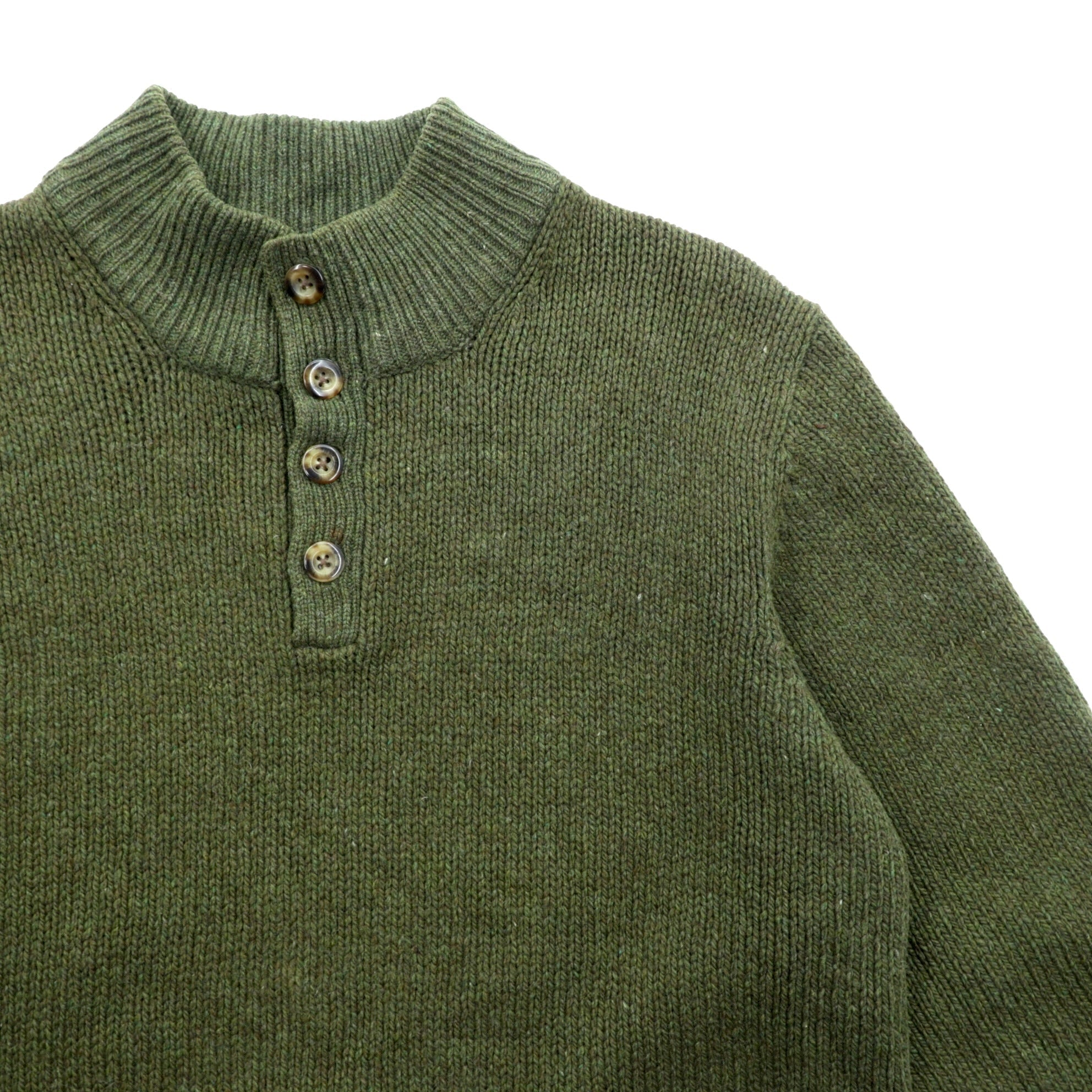 L.L.Bean ヘンリーネック ニット セーター L レザーエルボーパッチ カーキ ウール DBH1