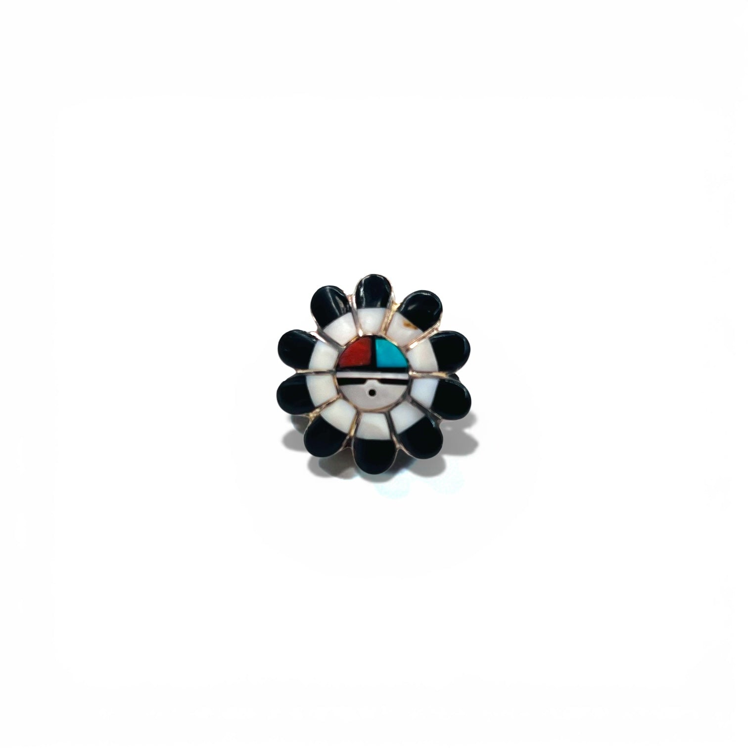 Vintage Zuni Sterling Silver Ring ズニ族 フラワー サンフェイス リング 指輪 11号 インレイ シルバー 刻印 ホールマーク ターコイズ コーラル シェル オニキス インディアンジュエリー