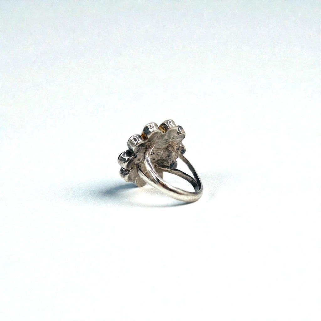 Vintage Zuni Sterling Silver Ring ズニ族 フラワー サンフェイス リング 指輪 11号 インレイ シルバー 刻印 ホールマーク ターコイズ コーラル シェル オニキス インディアンジュエリー