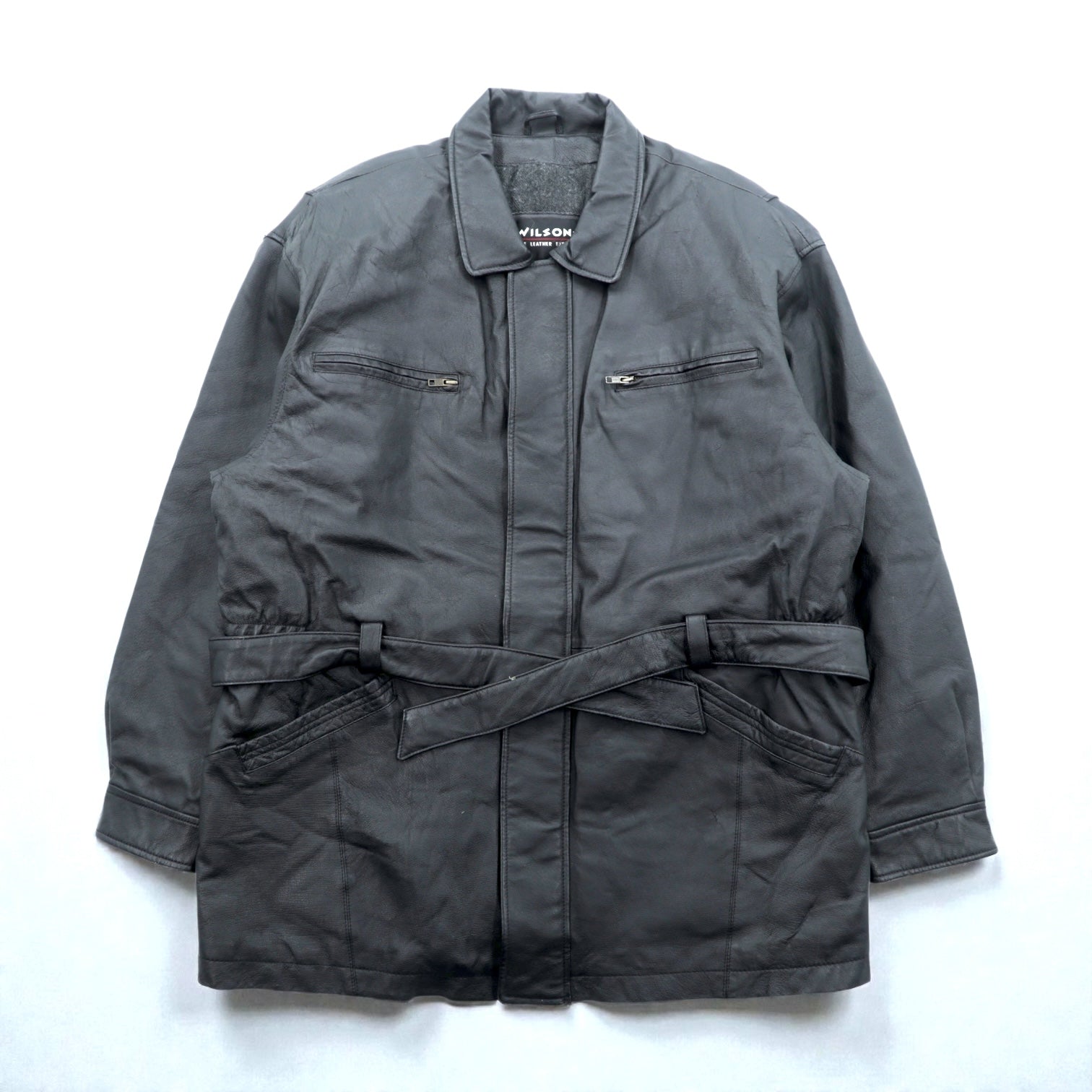 WILSONS 90s Leather Car Coar レザー カーコート チェスターコート L ブラック ウエストベルト付き 90年代