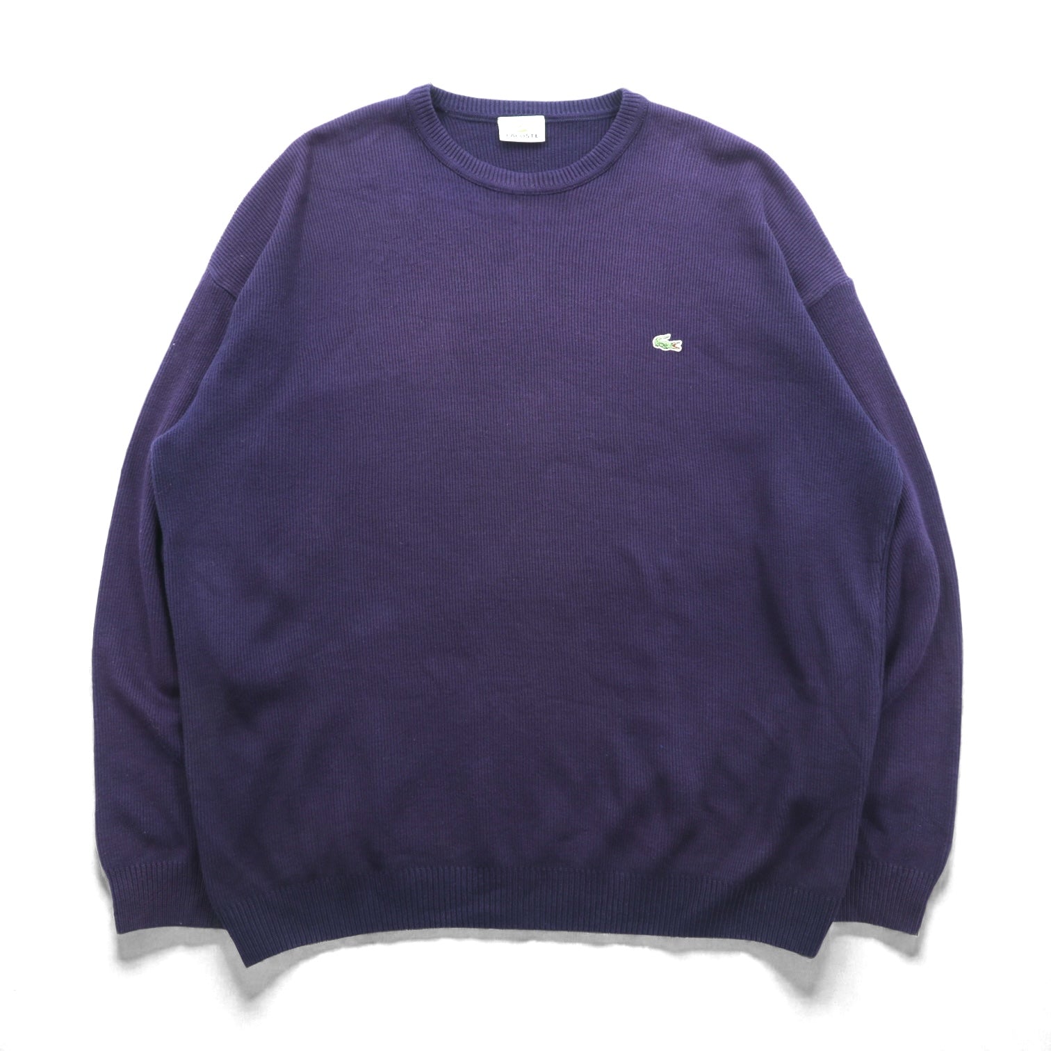 LACOSTE リブ ニット セーター XL ネイビー コットン ワンポイントロゴ クルーネック
