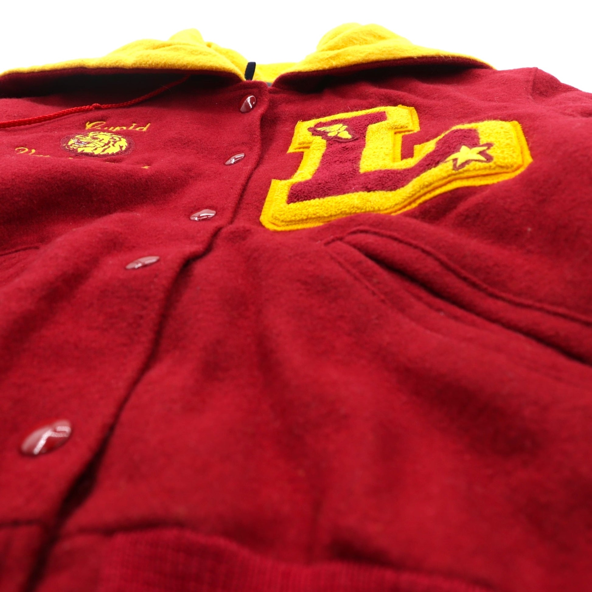 DeLONG 90年代 USA製 ヴィンテージ レタード スタジャン XL ウール Delong ラビットパーカー フード セーラーカラー 刺繍 ワッペン ピンバッジ付き