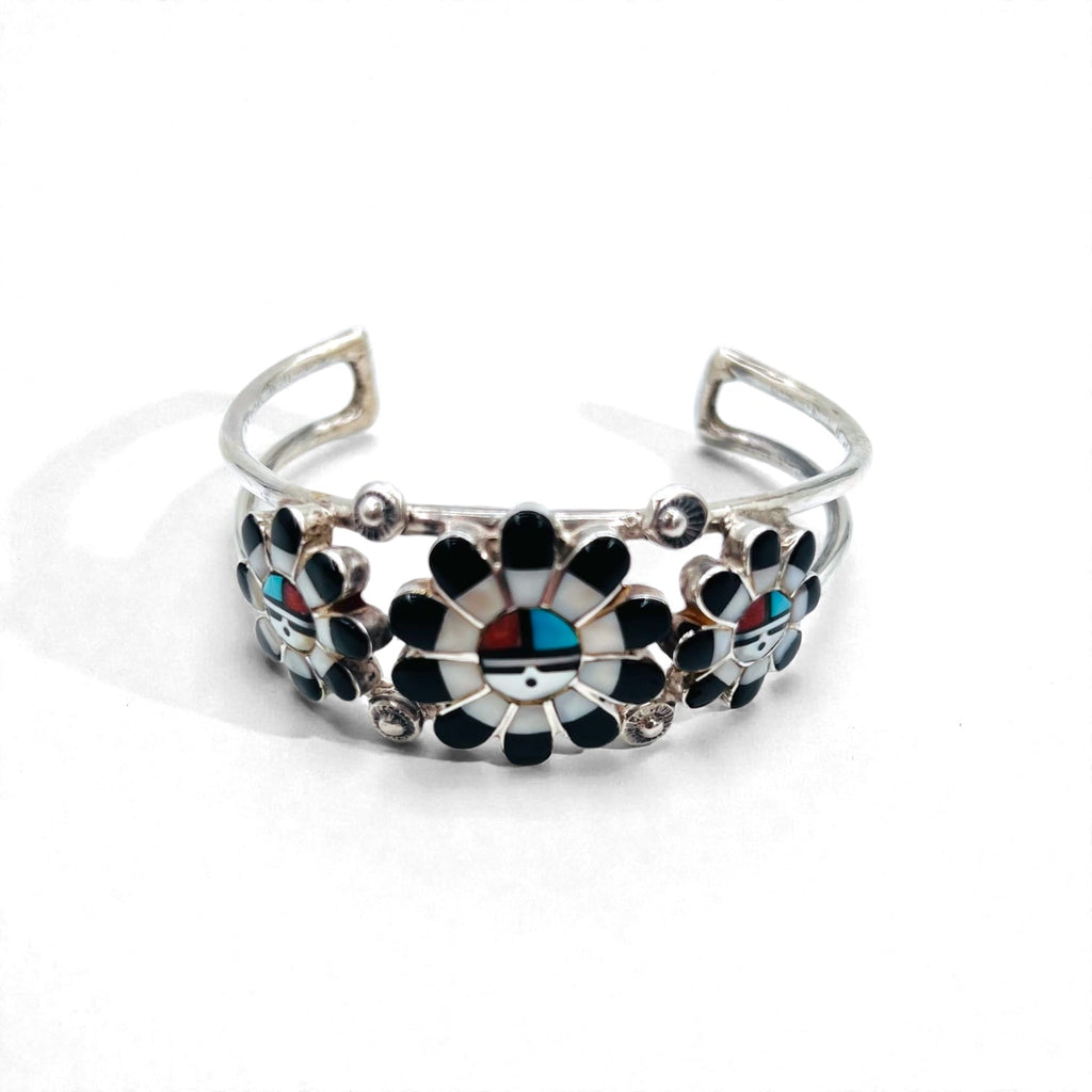 Vintage Silver Cuff Bracelet ズニ族 サンフェイス バングル インレイ STERLING 刻印 インディアンジュエリー