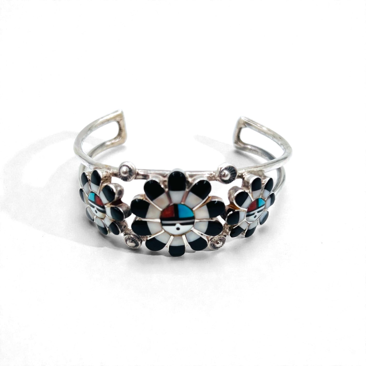 Vintage Silver Cuff Bracelet ズニ族 サンフェイス バングル インレイ STERLING 刻印 インディアンジュエリー