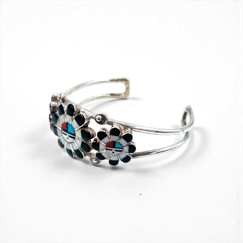 Vintage Silver Cuff Bracelet ズニ族 サンフェイス バングル インレイ STERLING 刻印 インディアンジュエリー