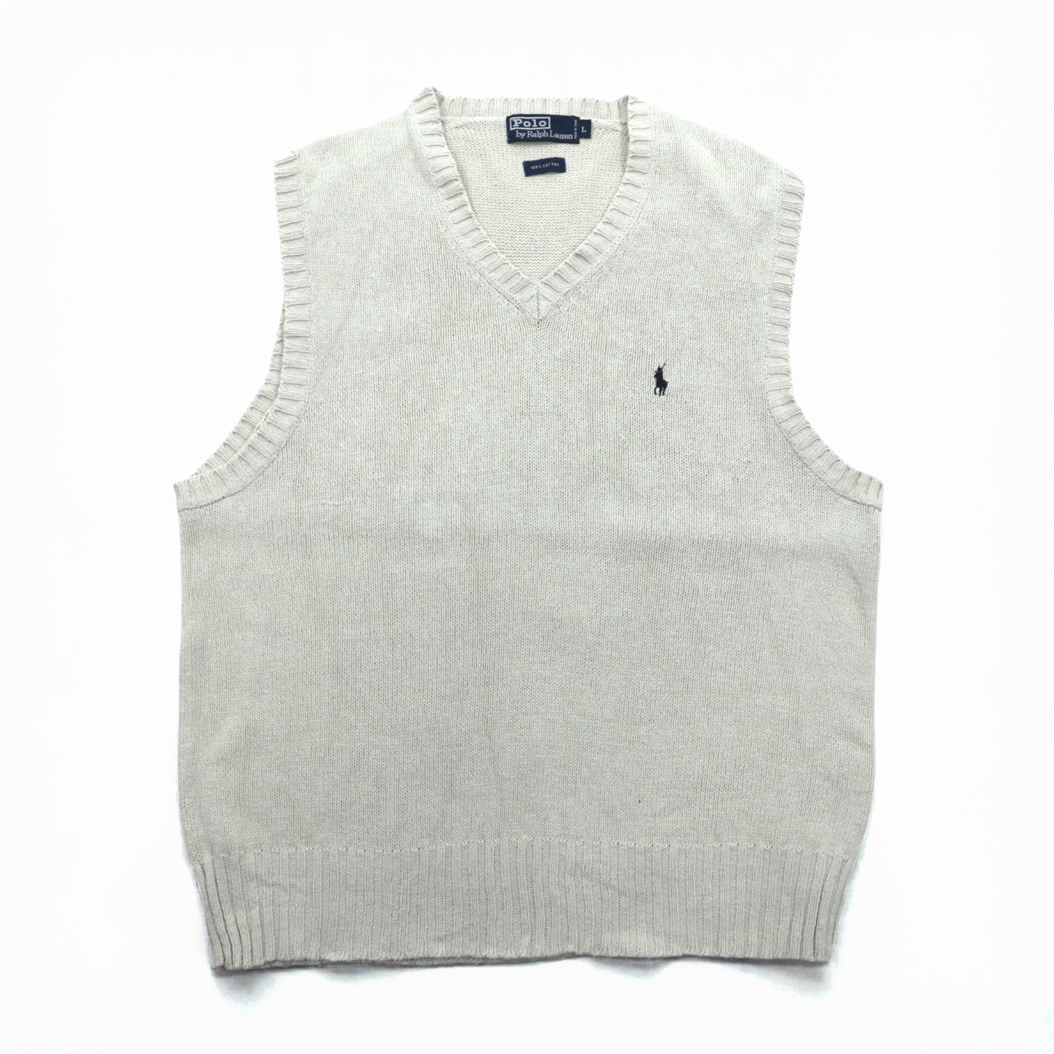Polo Ralph Lauren 90年代 Vネック コットンニット ベスト L ベージュ スモールポニー刺繍
