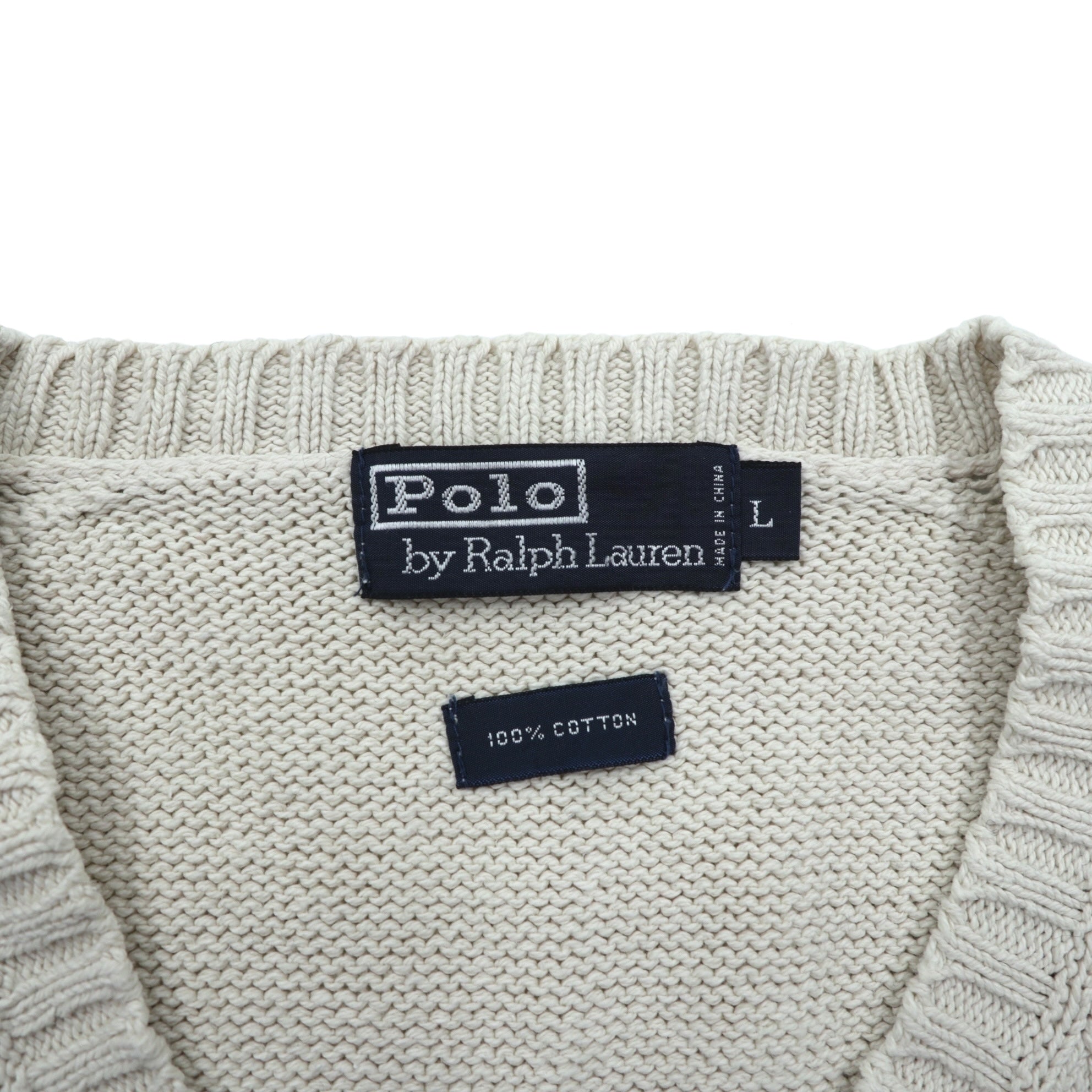 Polo Ralph Lauren 90年代 Vネック コットンニット ベスト L ベージュ スモールポニー刺繍
