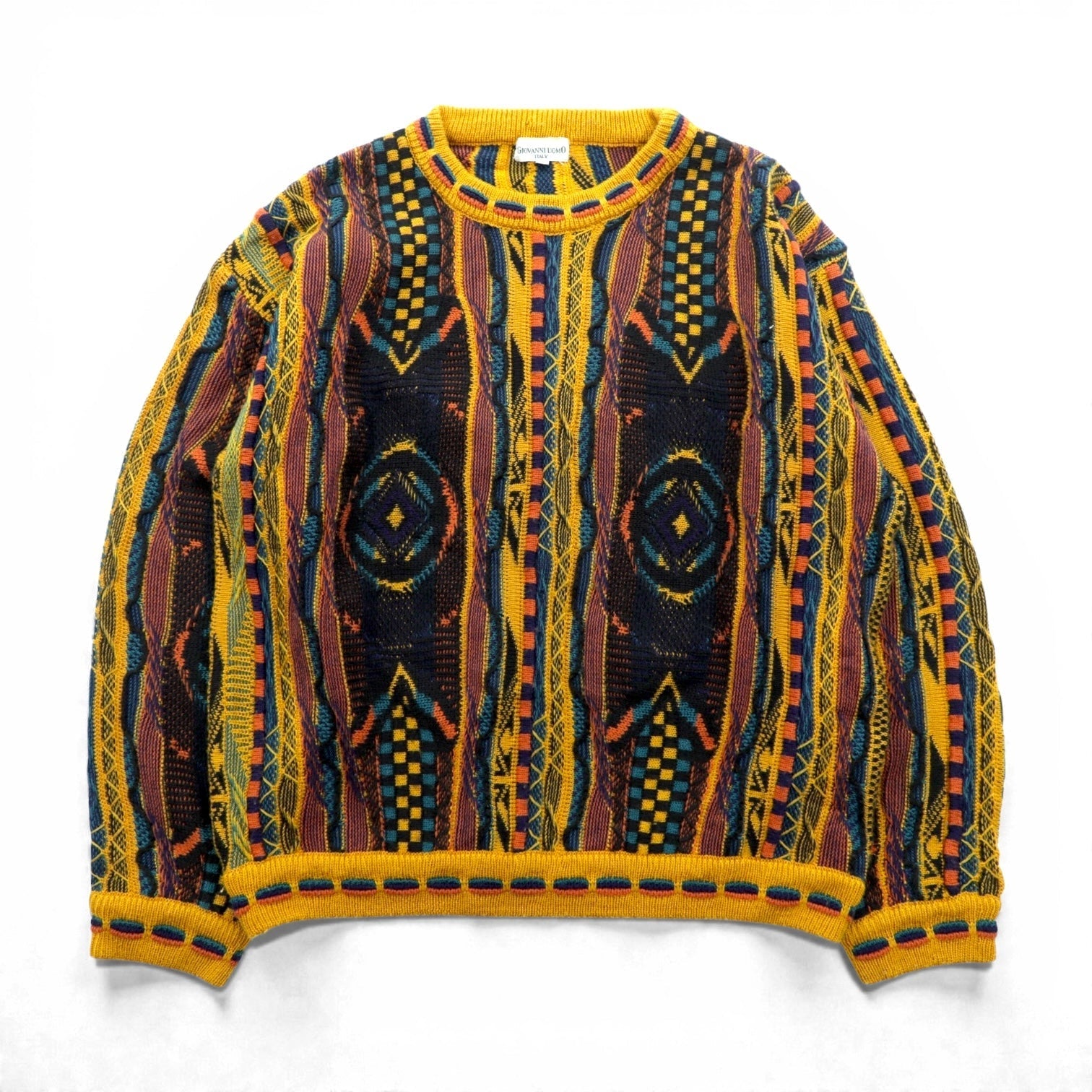Giovanni Uomo 90s Italy Vintage 3D Textured Knitwear ニット セーター M イエロー 総柄 90年代