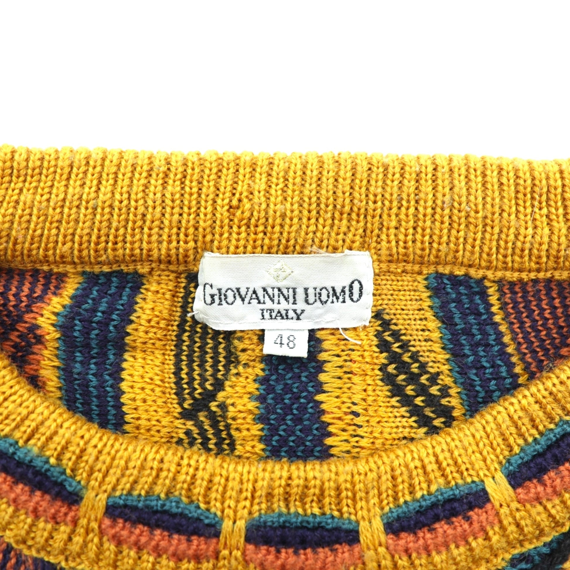 Giovanni Uomo 90s Italy Vintage 3D Textured Knitwear ニット セーター M イエロー 総柄 90年代
