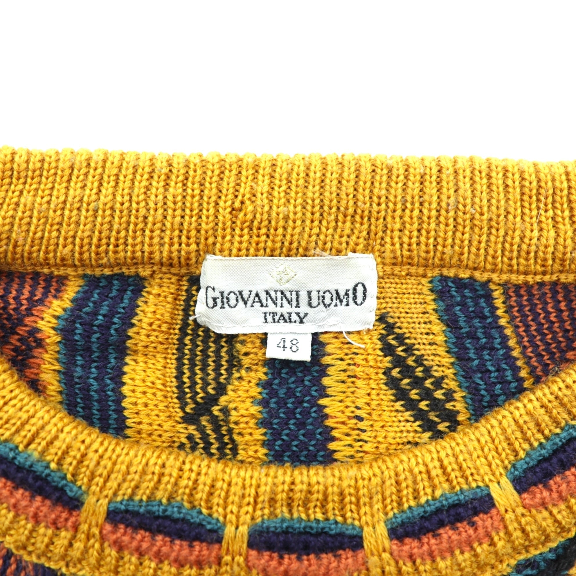 Giovanni Uomo 90s Italy Vintage 3D Textured Knitwear ニット セーター M イエロー 総柄 90年代