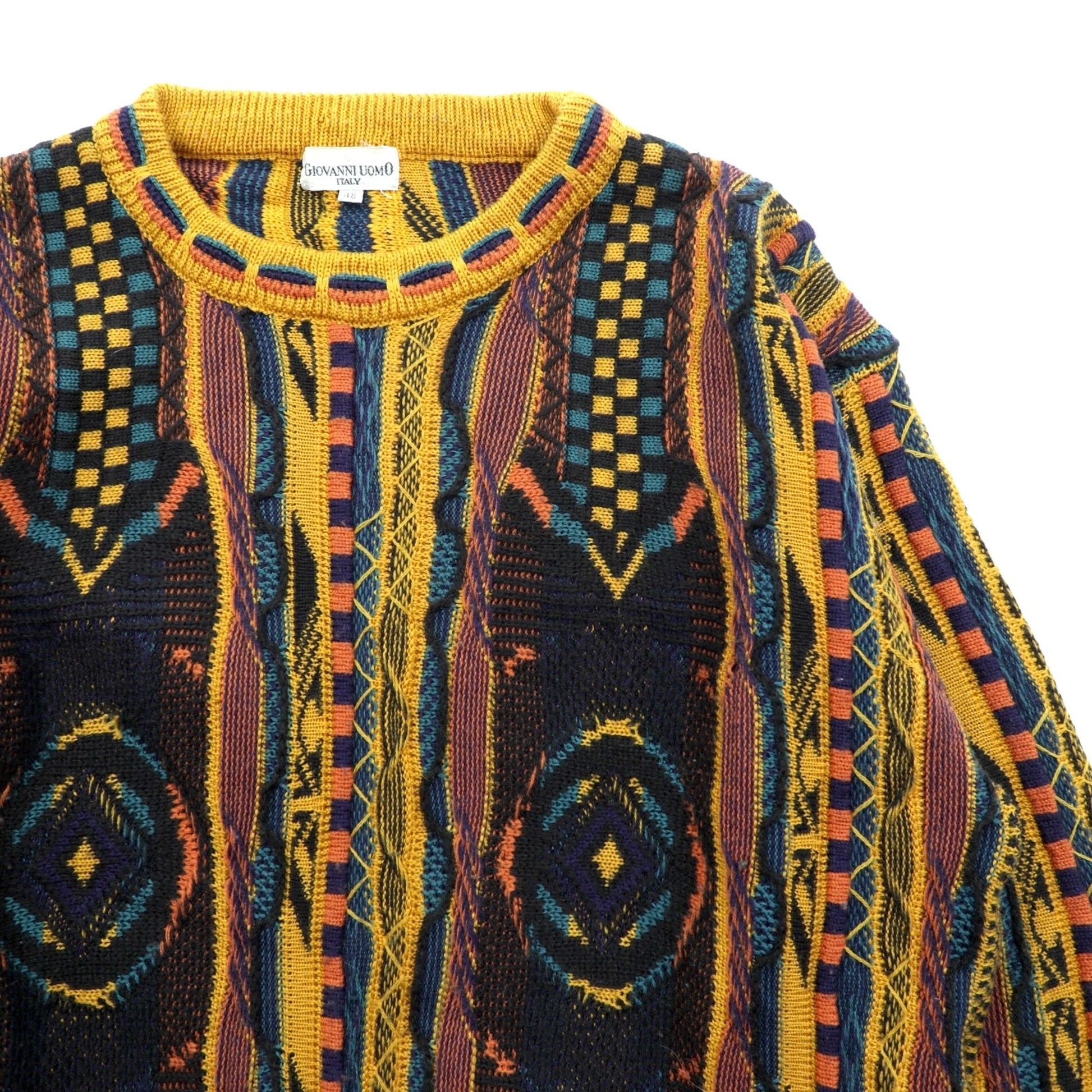 Giovanni Uomo 90s Italy Vintage 3D Textured Knitwear ニット セーター M イエロー 総柄 90年代