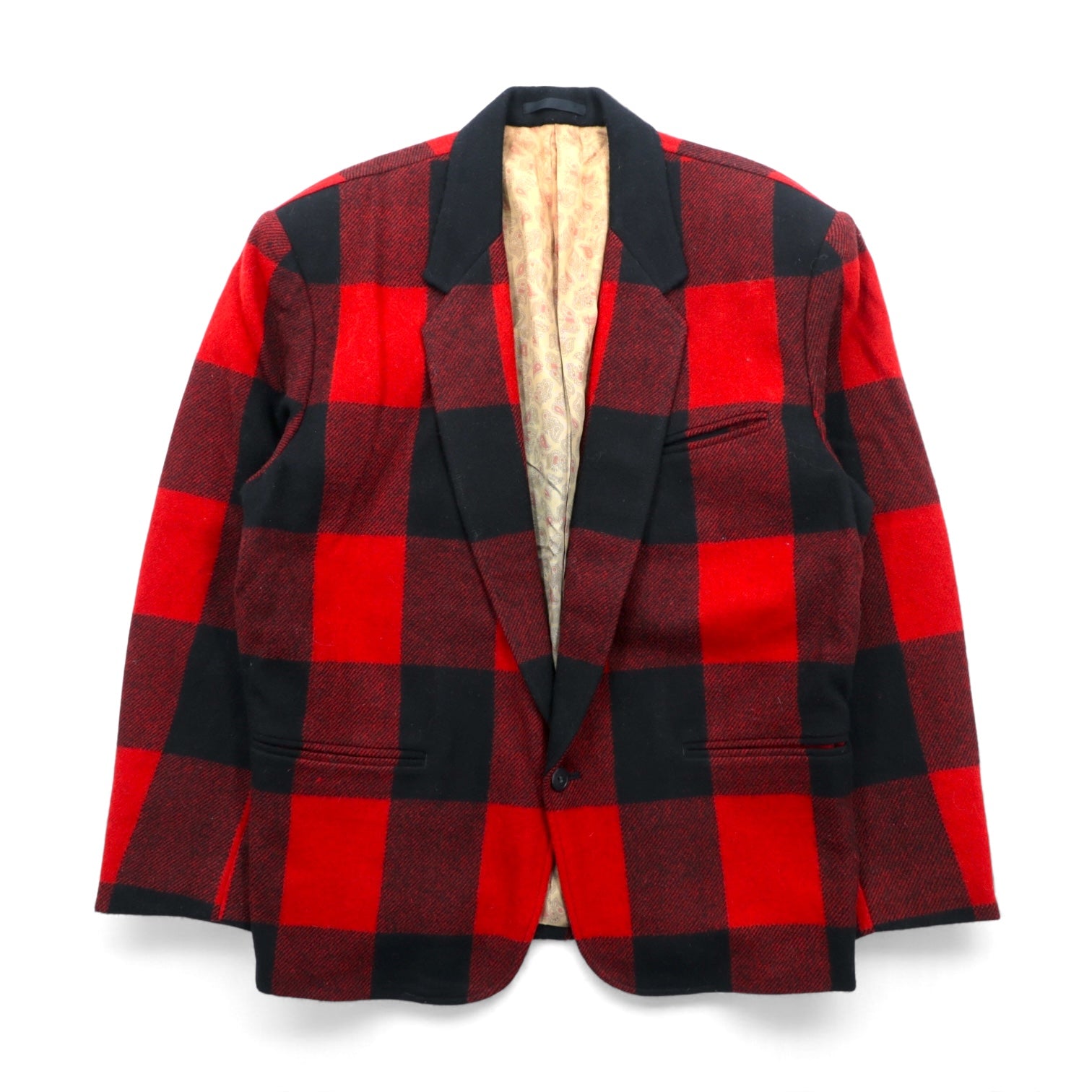 90s Japan Vintage Blazer バッファローチェック ツイード 1B テーラードジャケット ブレザー M レッド ウール 裏地 ペイズリー柄 INO 日本製