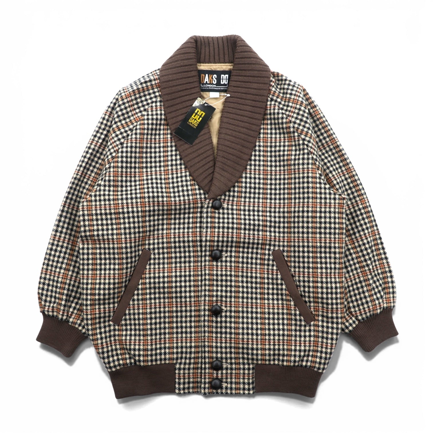 DAKS 90年代 日本製 ショールカラー リブ ブルゾン S ウール ガンクラブチェック くるみボタン 未使用品