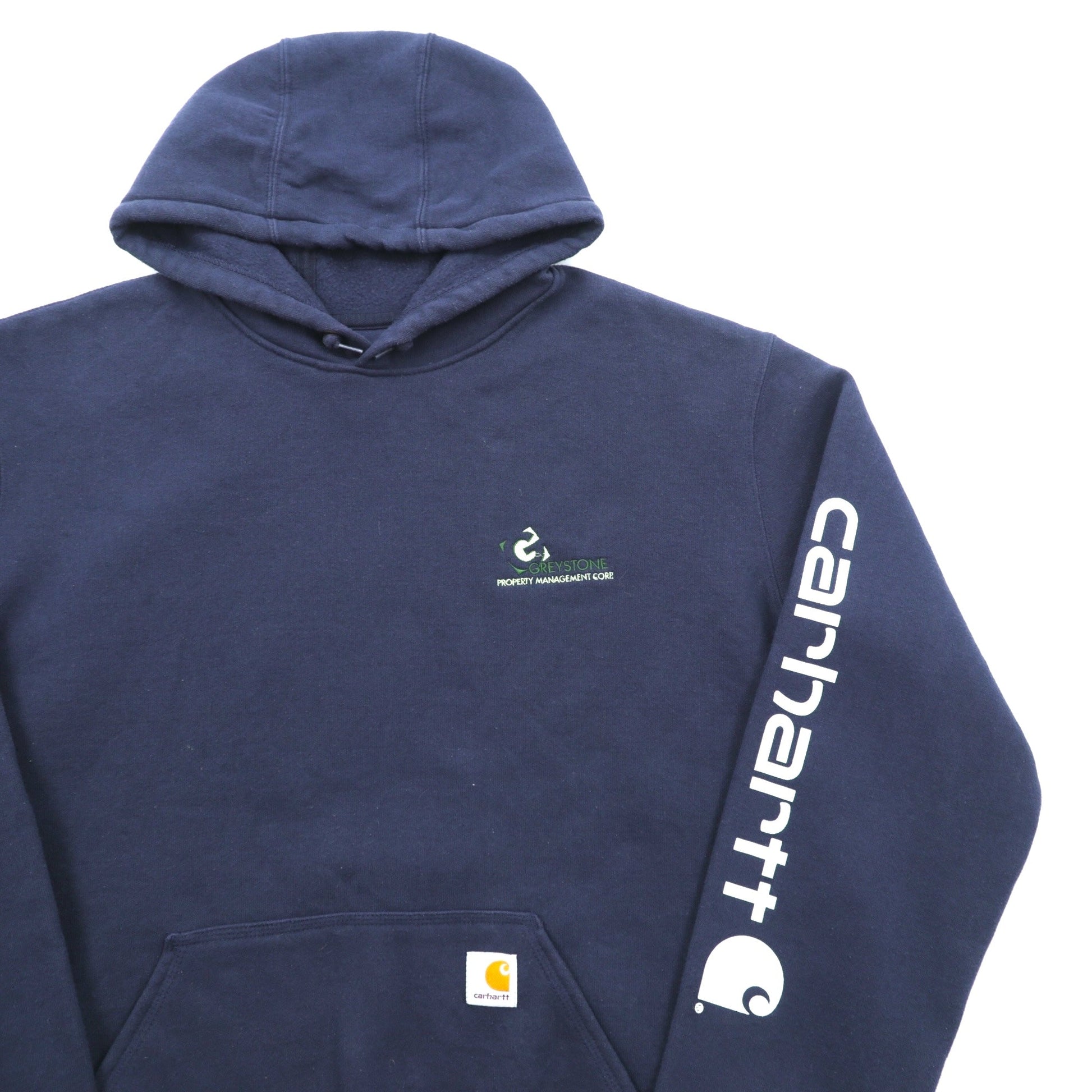 carhartt プルオーバー パーカー L ネイビー 裏起毛 カンガルーポケット 袖ロゴ K288